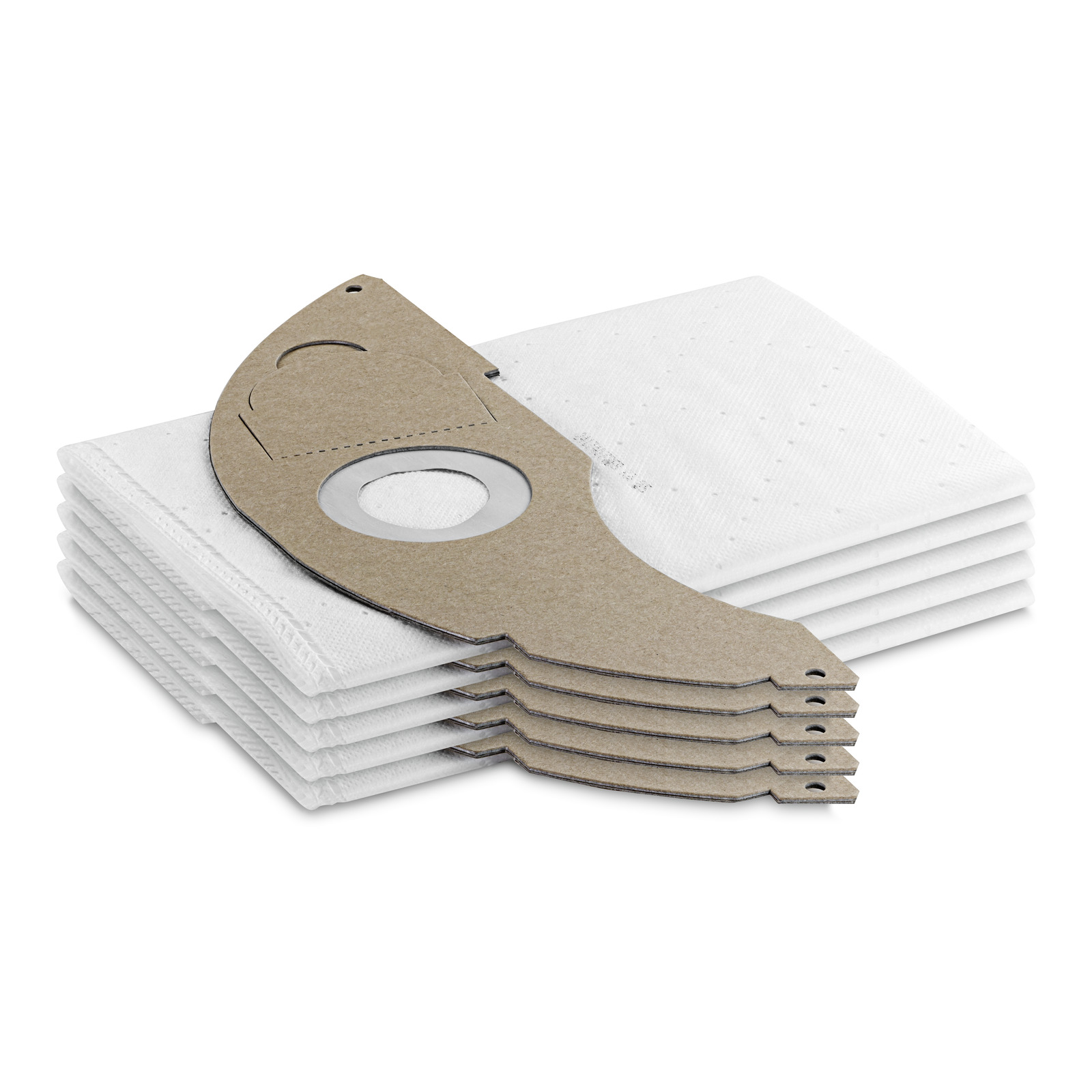 Stack of Kärcher vacuum cleaner bags with cardboard attachments, placed on a white surface. Stack of Kärcher vacuum cleaner bags with cardboard attachments, placed on a white surface.