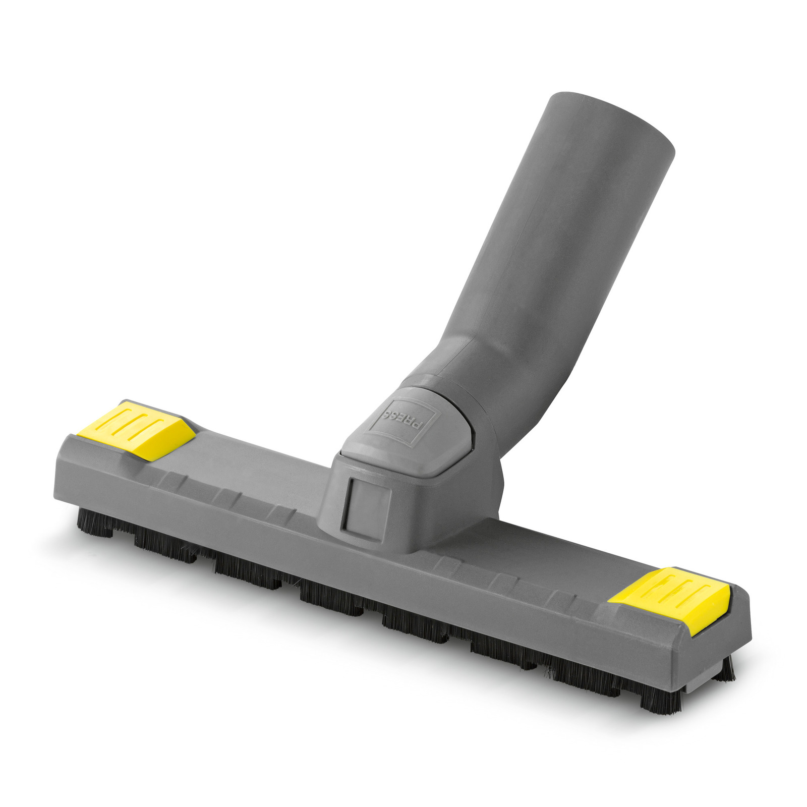 Grey Kärcher vacuum cleaner floor nozzle with yellow accents, featuring bristles underneath. Grey Kärcher vacuum cleaner floor nozzle with yellow accents, featuring bristles underneath.