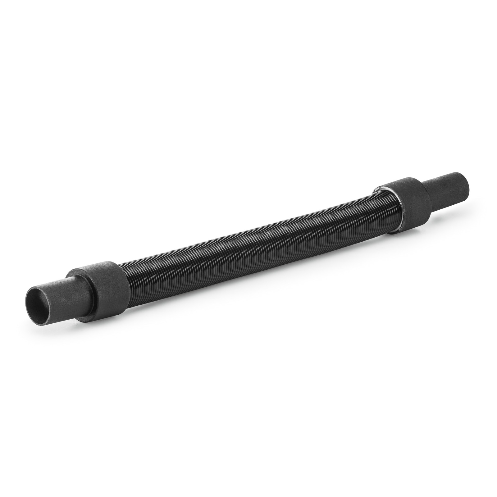 Black Kärcher vacuum cleaner hose with ribbed texture and connectors at both ends, on a white background.