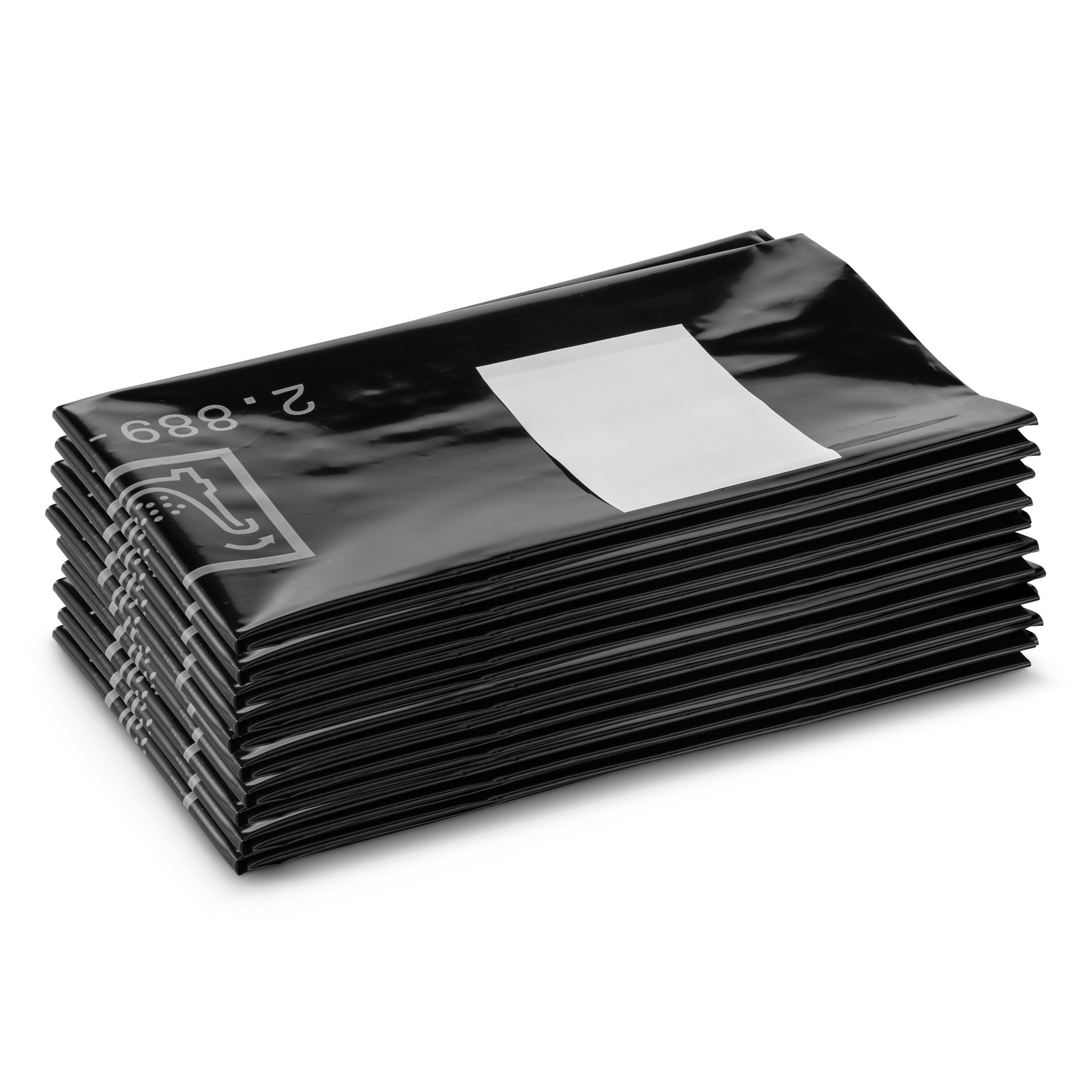 Stack of black plastic bags with white labels on top, arranged neatly on a white surface. Stack of black plastic bags with white labels on top, arranged neatly on a white surface.