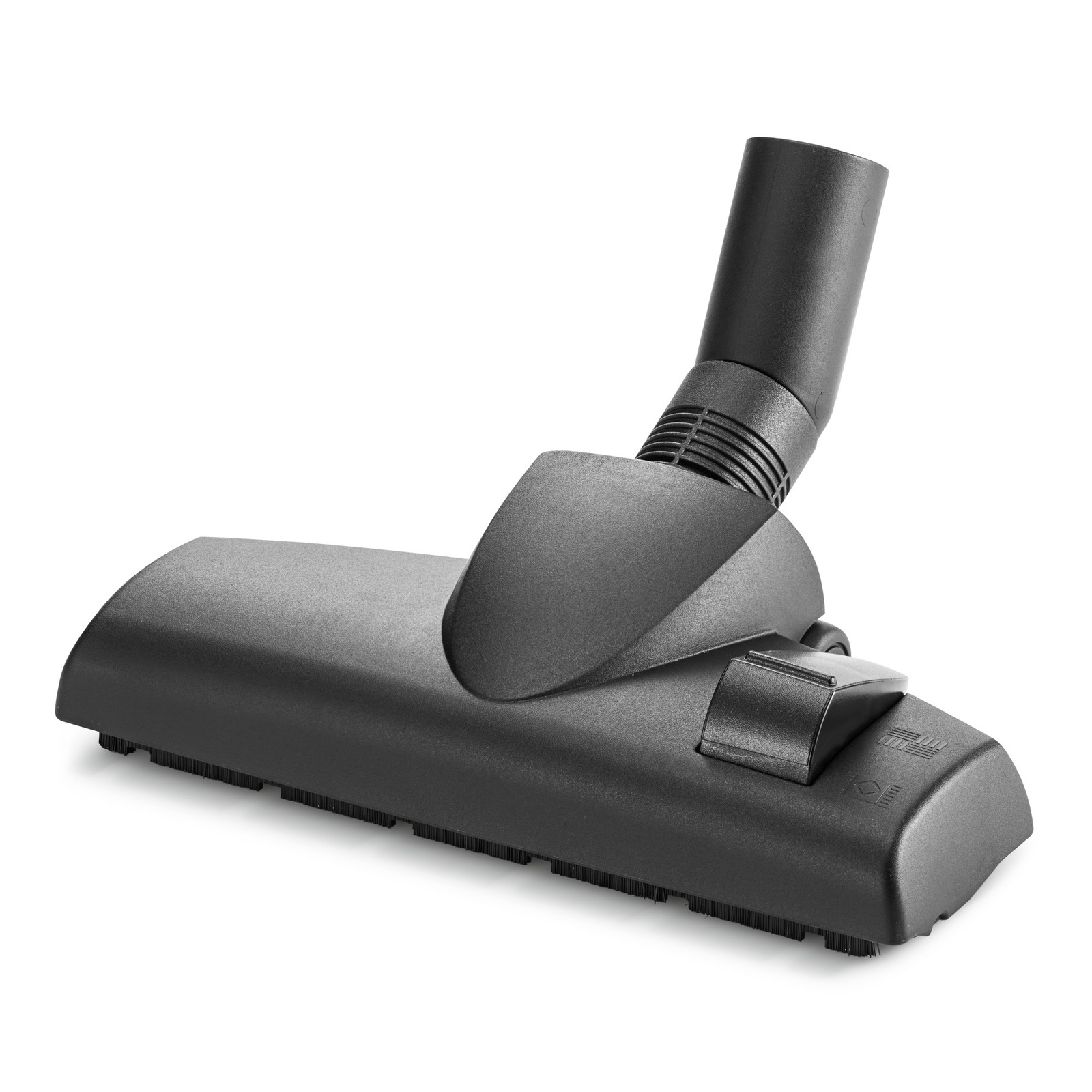 Black Kärcher vacuum cleaner floor nozzle with bristles, angled tube, and adjustment lever, isolated on a white background.