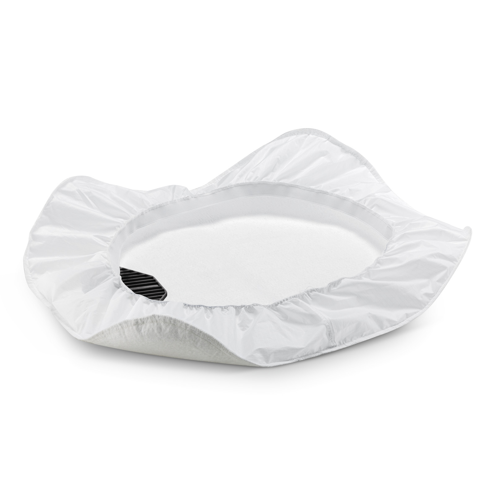 White fabric cover with elastic edge, partially covering a black textured surface, isolated on a white background.