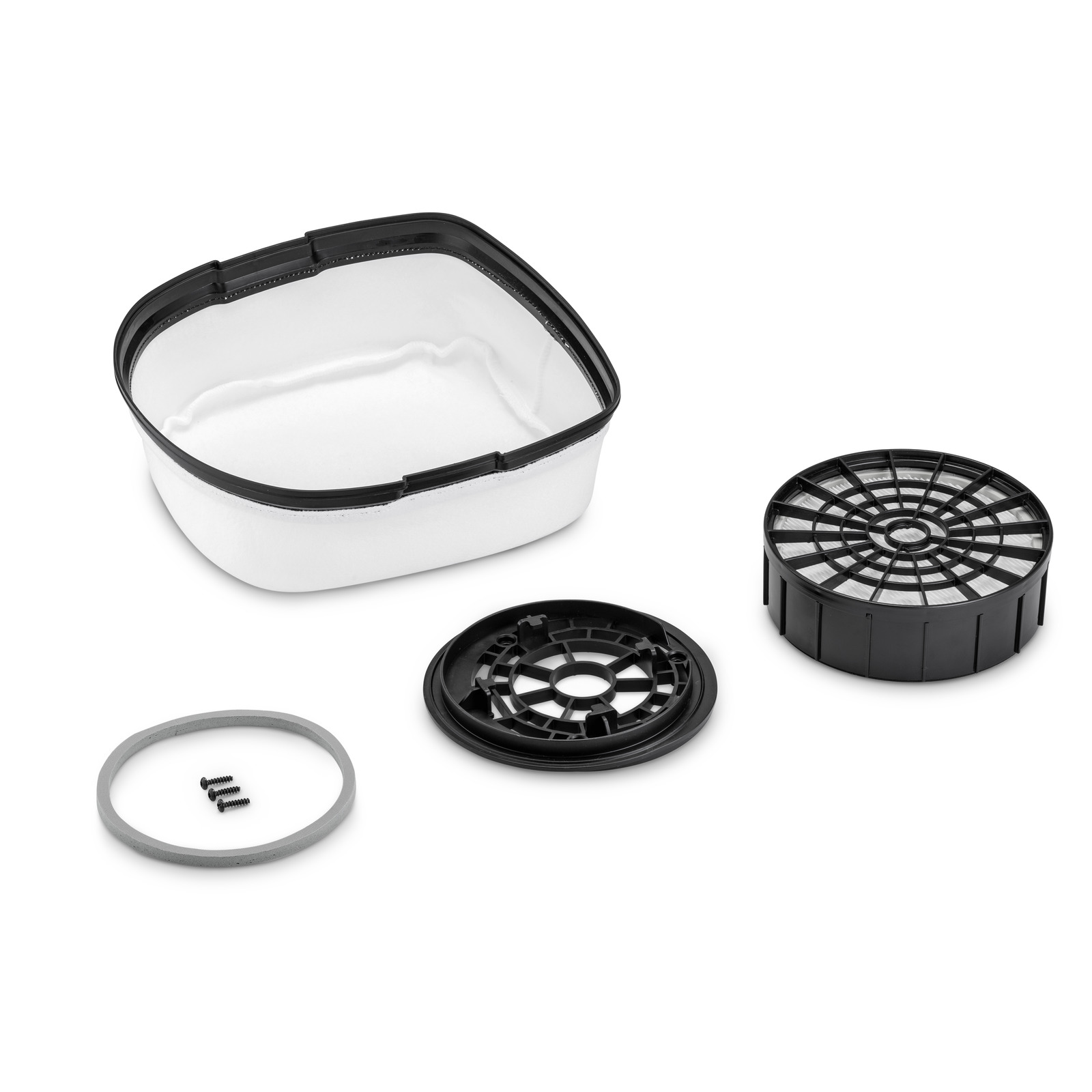 Kärcher vacuum cleaner filter set with a white container, black circular filter, and grey sealing ring on a white background. Kärcher vacuum cleaner filter set with a white container, black circular filter, and grey sealing ring on a white background.