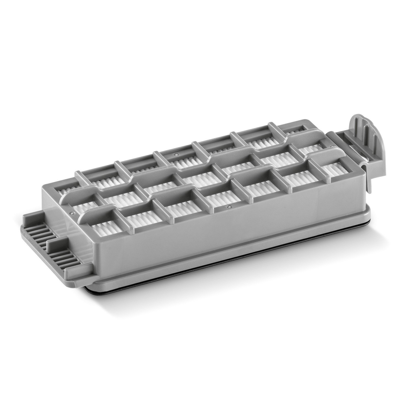 Grey Kärcher vacuum cleaner filter with rectangular grid design, placed on a white background.