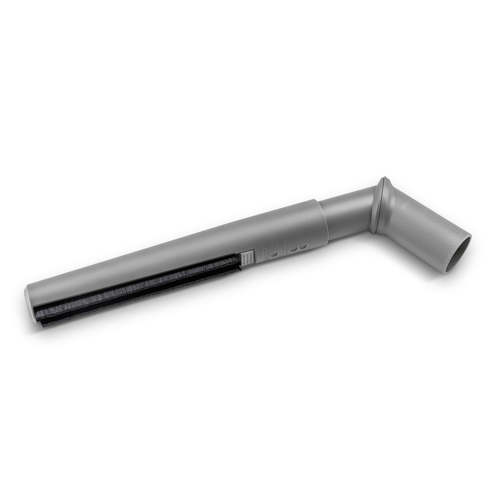 Grey Kärcher upholstery nozzle with a brush attachment, angled design for cleaning surfaces. Grey Kärcher upholstery nozzle with a brush attachment, angled design for cleaning surfaces.