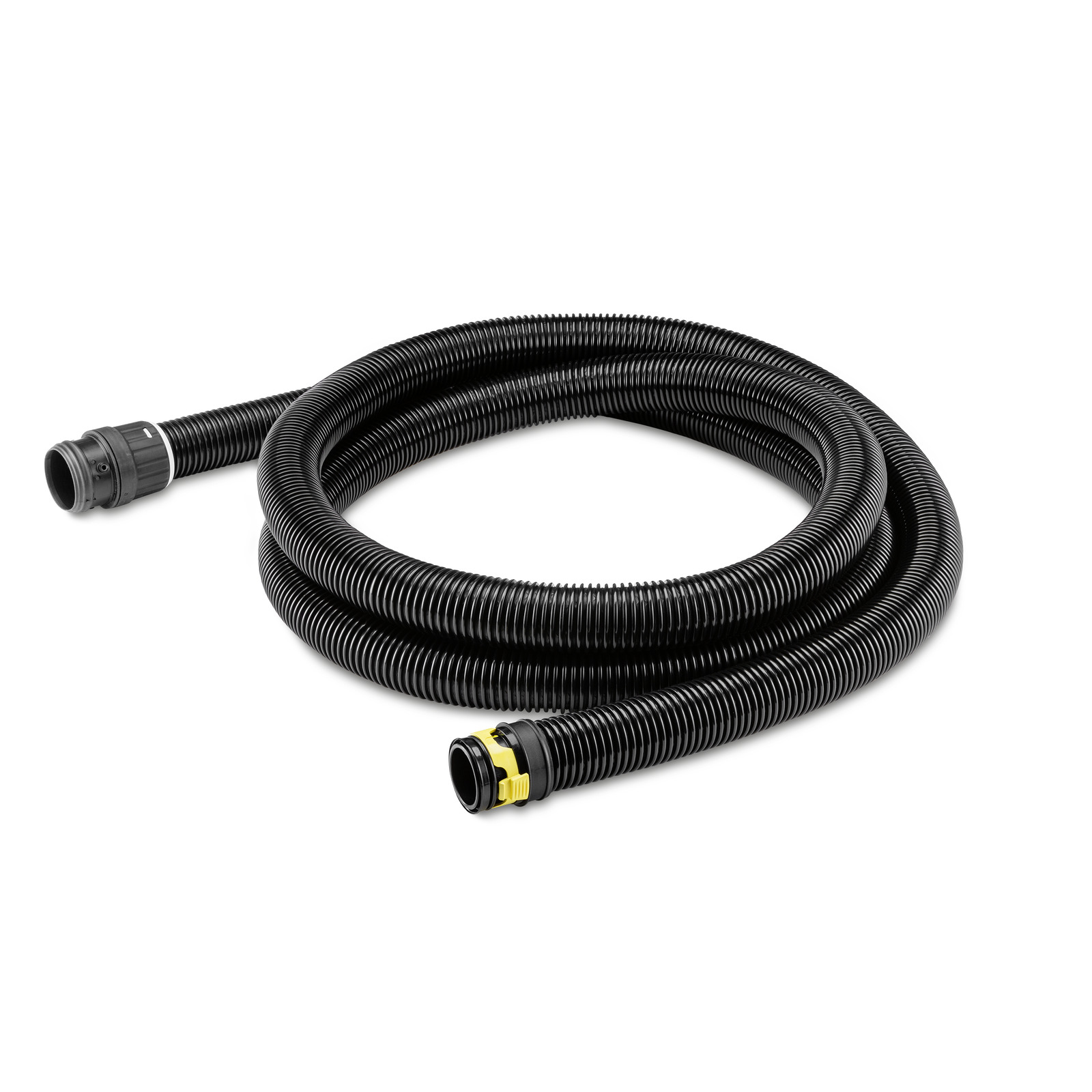 Black Kärcher suction hose coiled with connectors at both ends, one featuring a yellow accent.