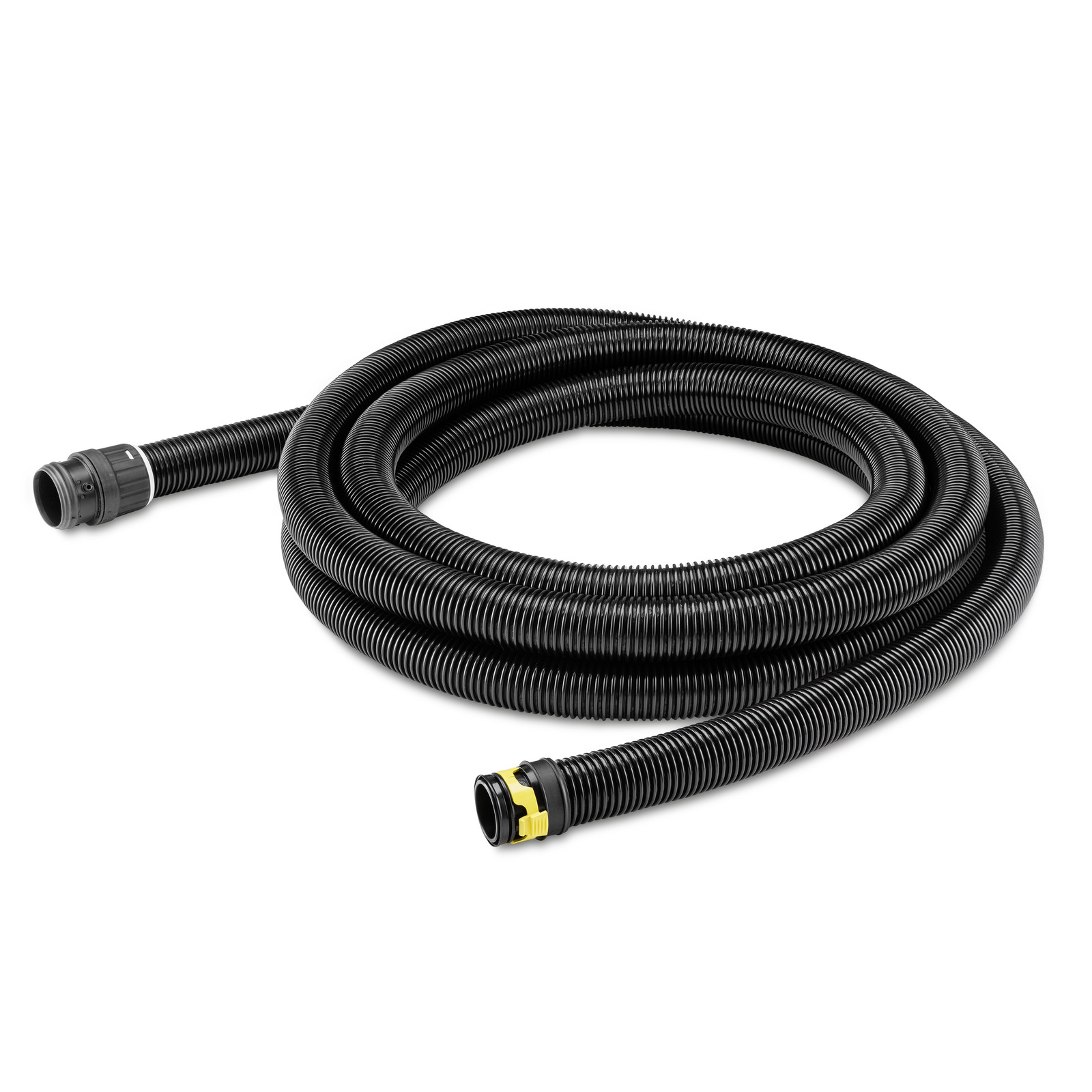 Coiled black Kärcher suction hose with connectors on both ends, placed on a white background.
