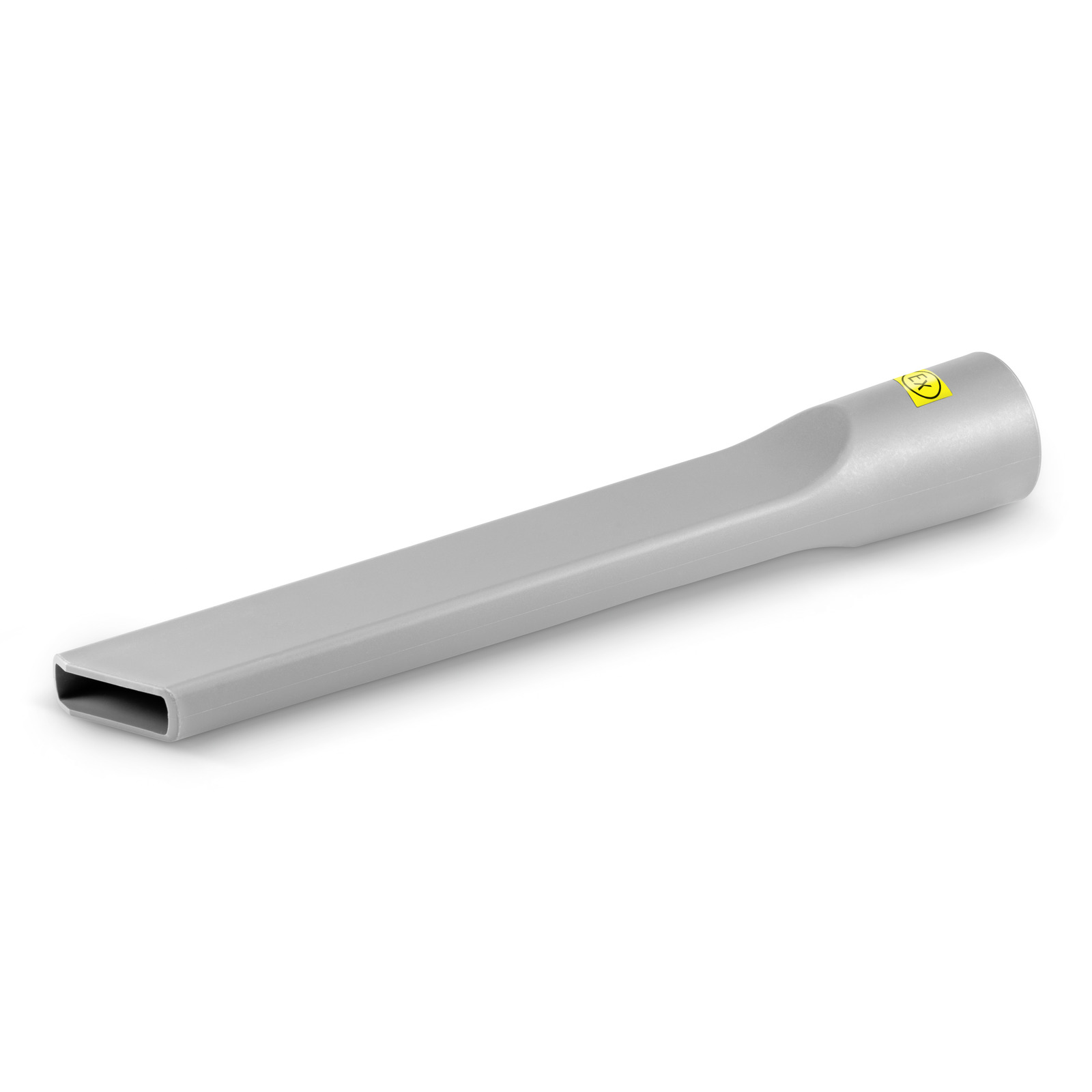 Grey Kärcher crevice tool with a rectangular nozzle and a yellow label on the side, isolated on a white background. Grey Kärcher crevice tool with a rectangular nozzle and a yellow label on the side, isolated on a white background.
