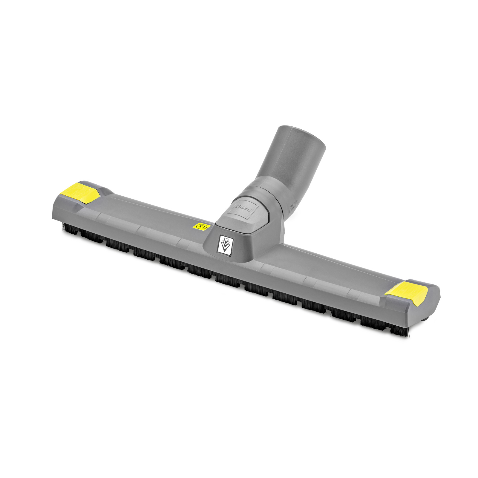 Grey Kärcher vacuum cleaner floor nozzle with bristles, featuring yellow accents, on a white background.