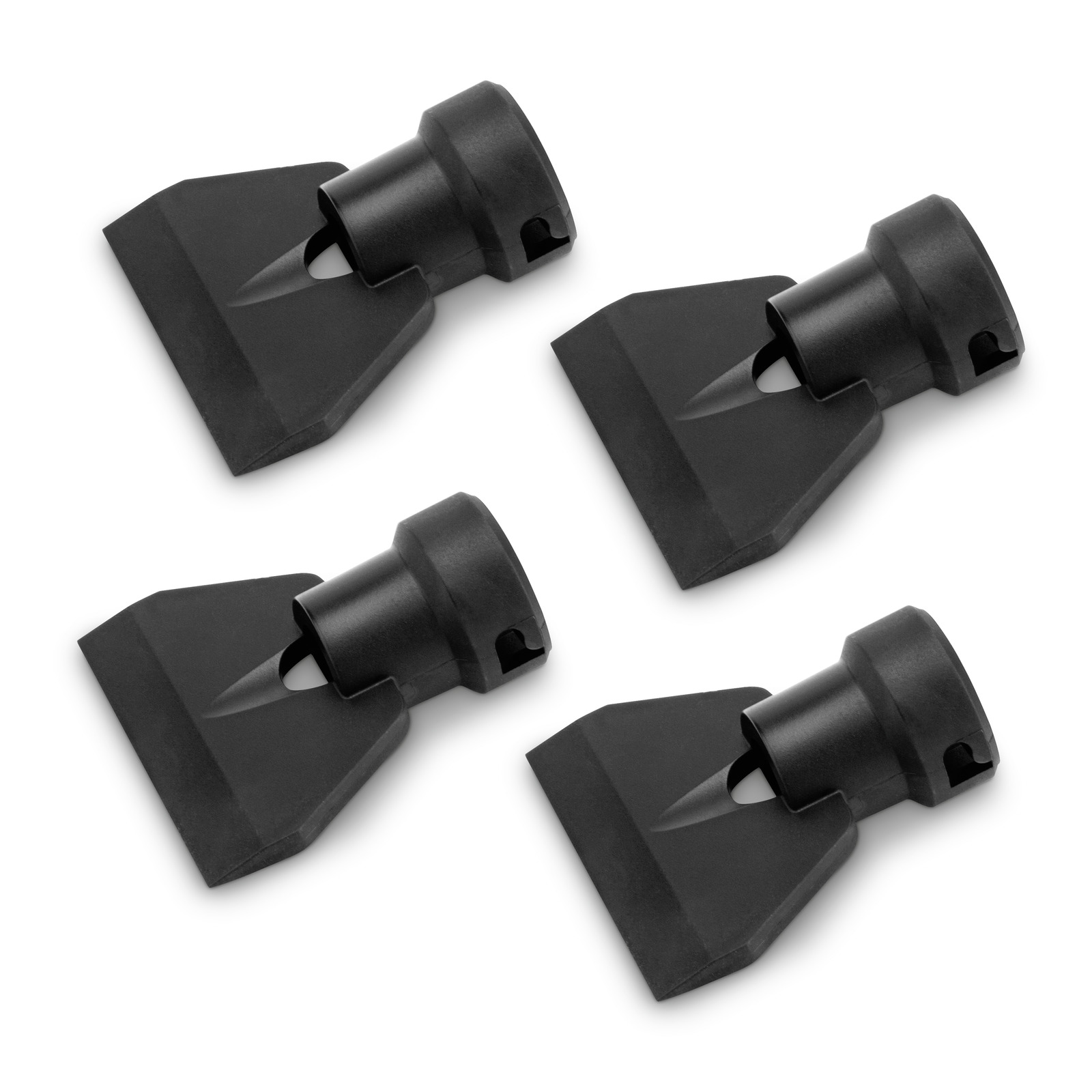 Four black Kärcher nozzle attachments arranged diagonally on a white background. Four black Kärcher nozzle attachments arranged diagonally on a white background.