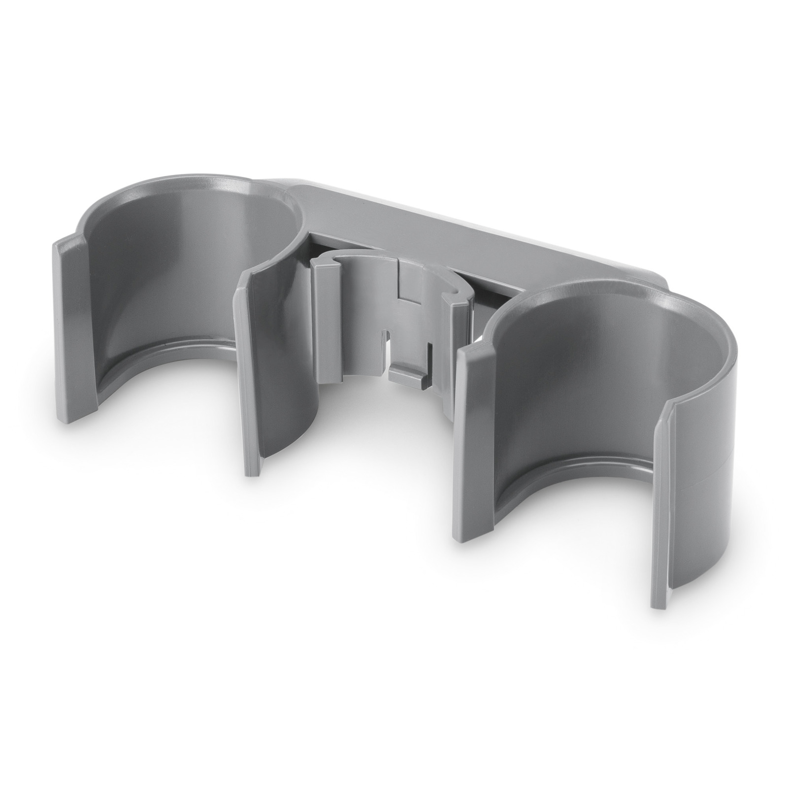 Grey plastic holder with two circular compartments and a central clip, designed for attachment.