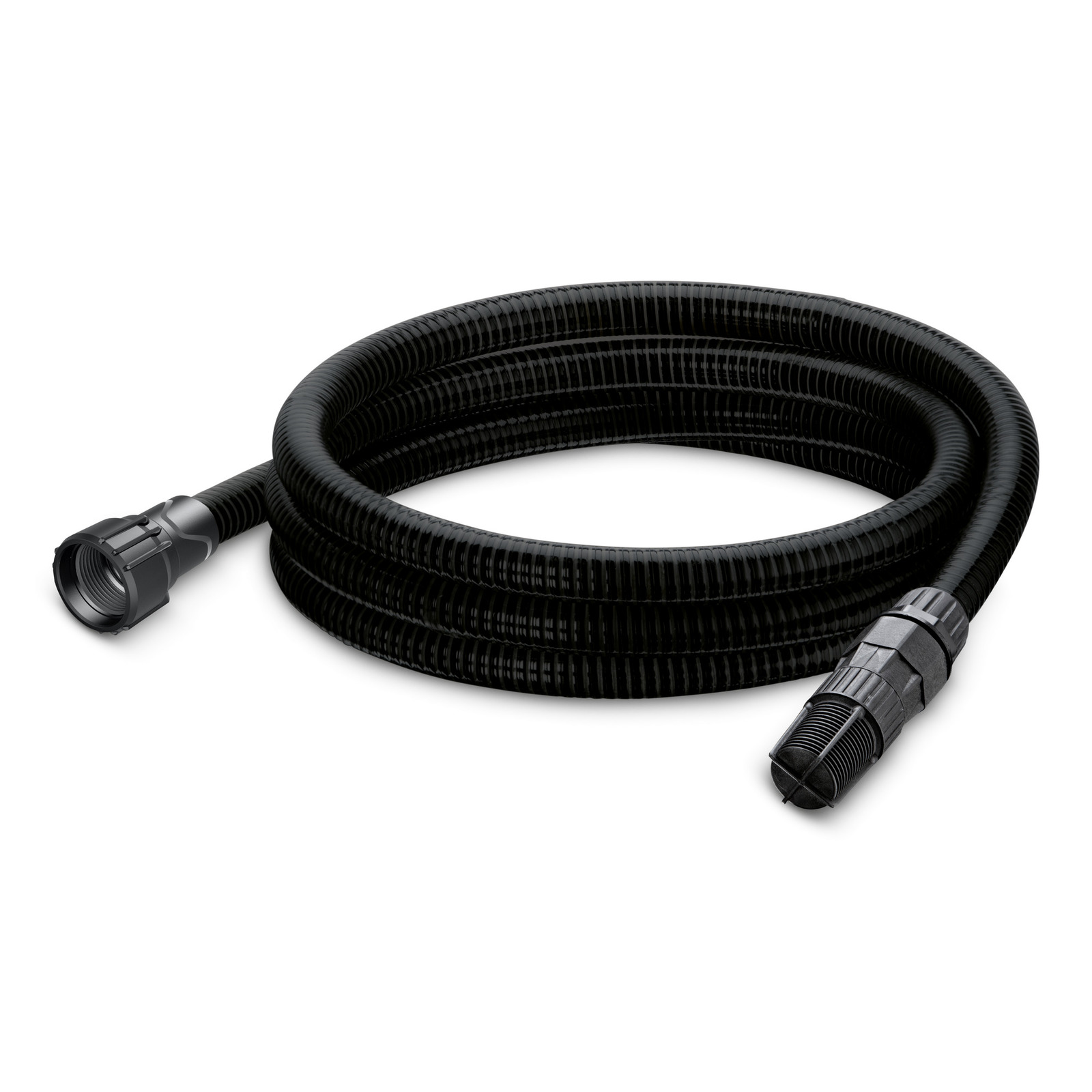 Furtun negru Kärcher cu conectori la ambele capete, pe fundal alb. Furtun negru Kärcher cu conectori la ambele capete, pe fundal alb.