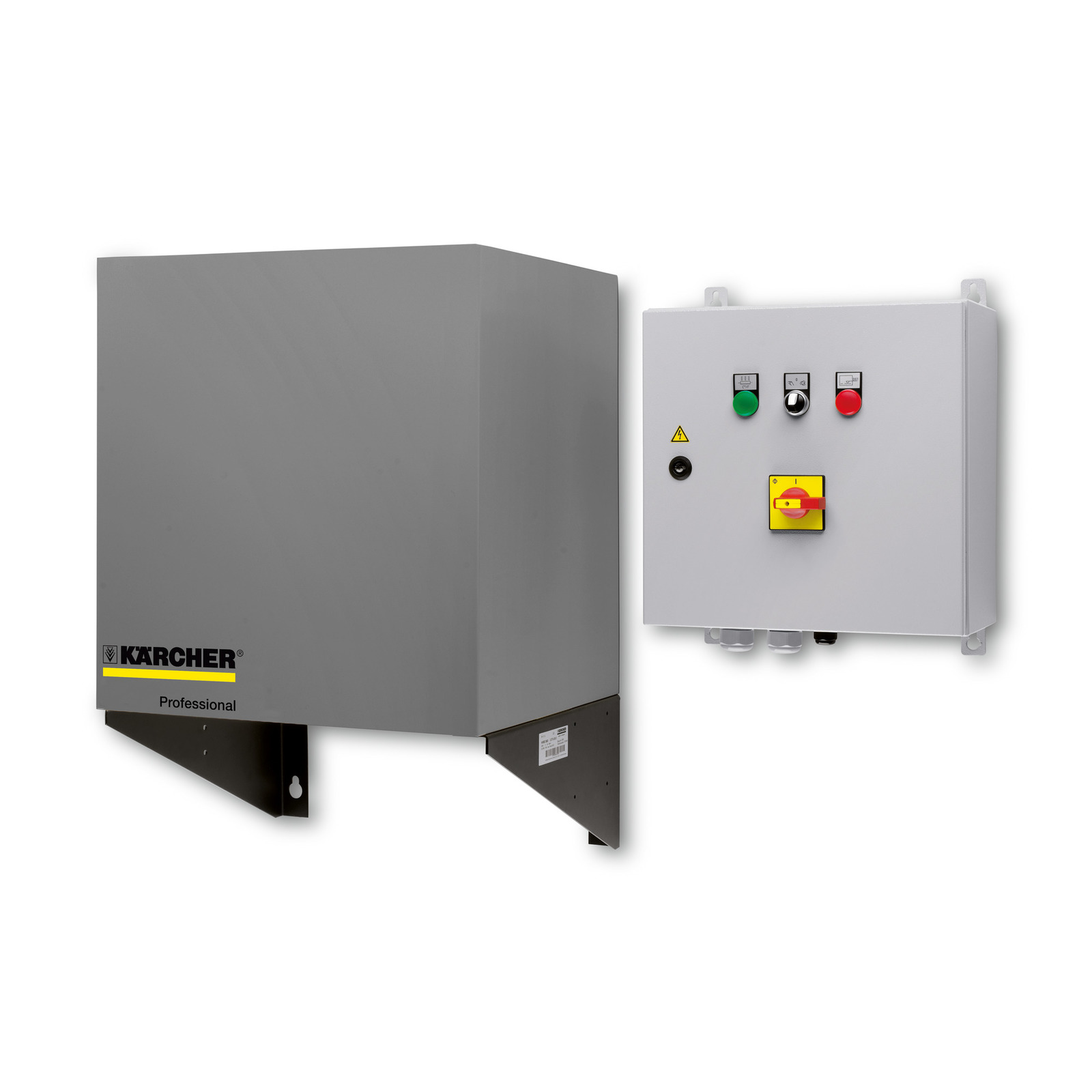 Kärcher professional control panel with buttons and switches, mounted on a grey wall bracket.