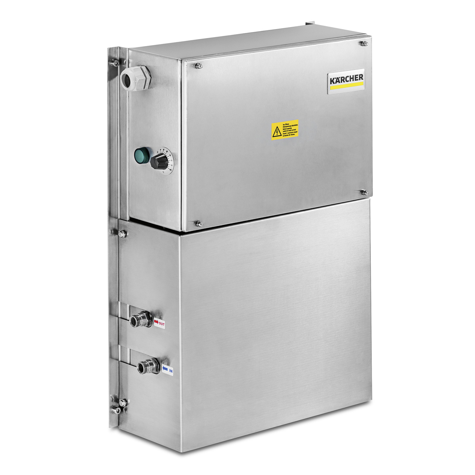 Kärcher stainless steel wall-mounted unit with control knob and labelled inlet/outlet pipes.