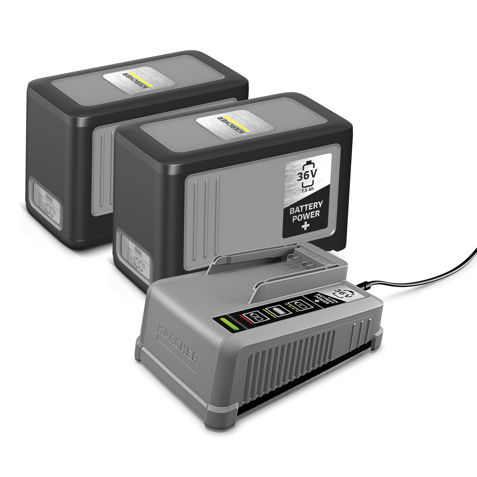 Two Kärcher 36V batteries with a Kärcher battery charger connected, displaying charging indicators. Two Kärcher 36V batteries with a Kärcher battery charger connected, displaying charging indicators.