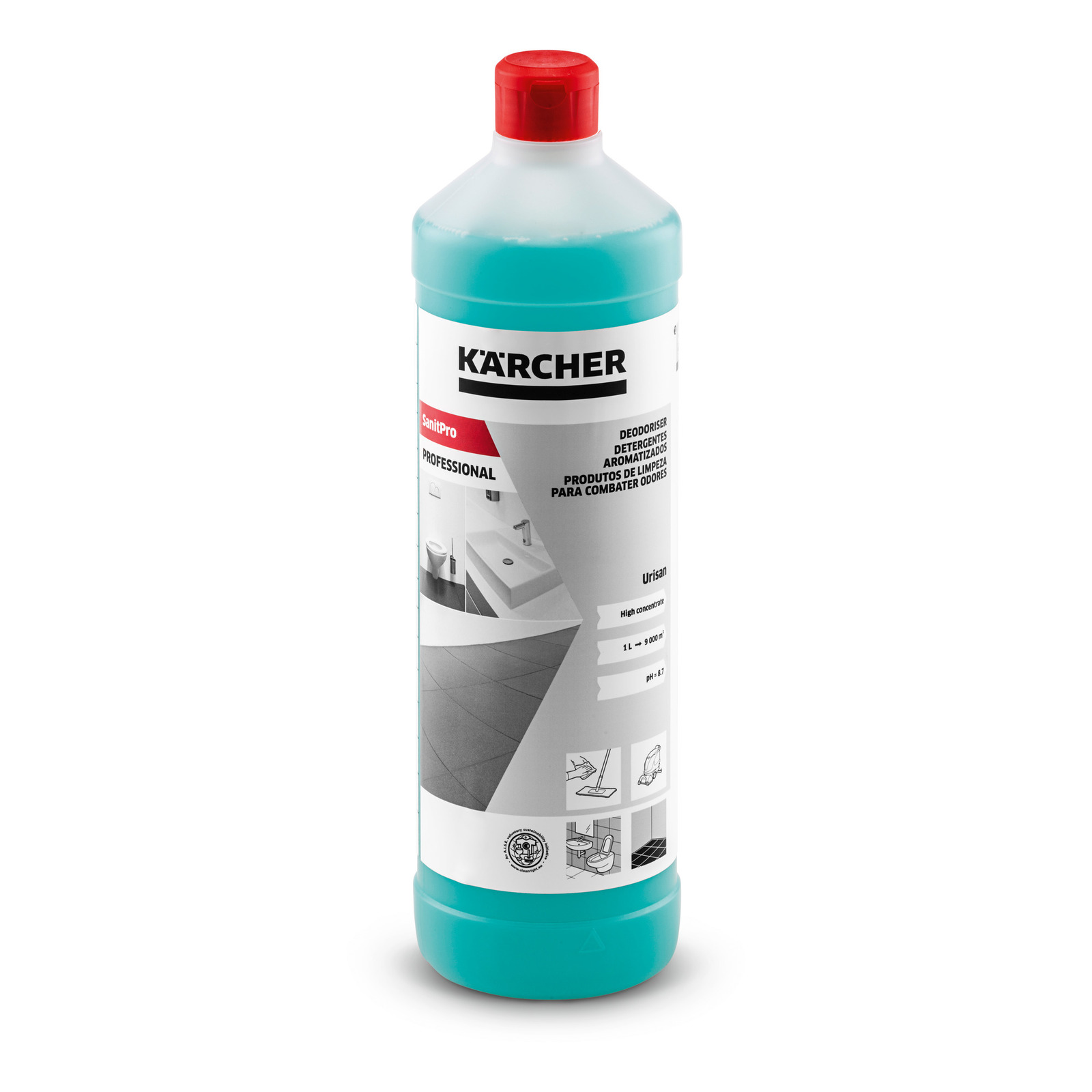 Kärcher professional cleaning solution bottle with red cap, featuring product details and usage illustrations on the label. Kärcher professional cleaning solution bottle with red cap, featuring product details and usage illustrations on the label.