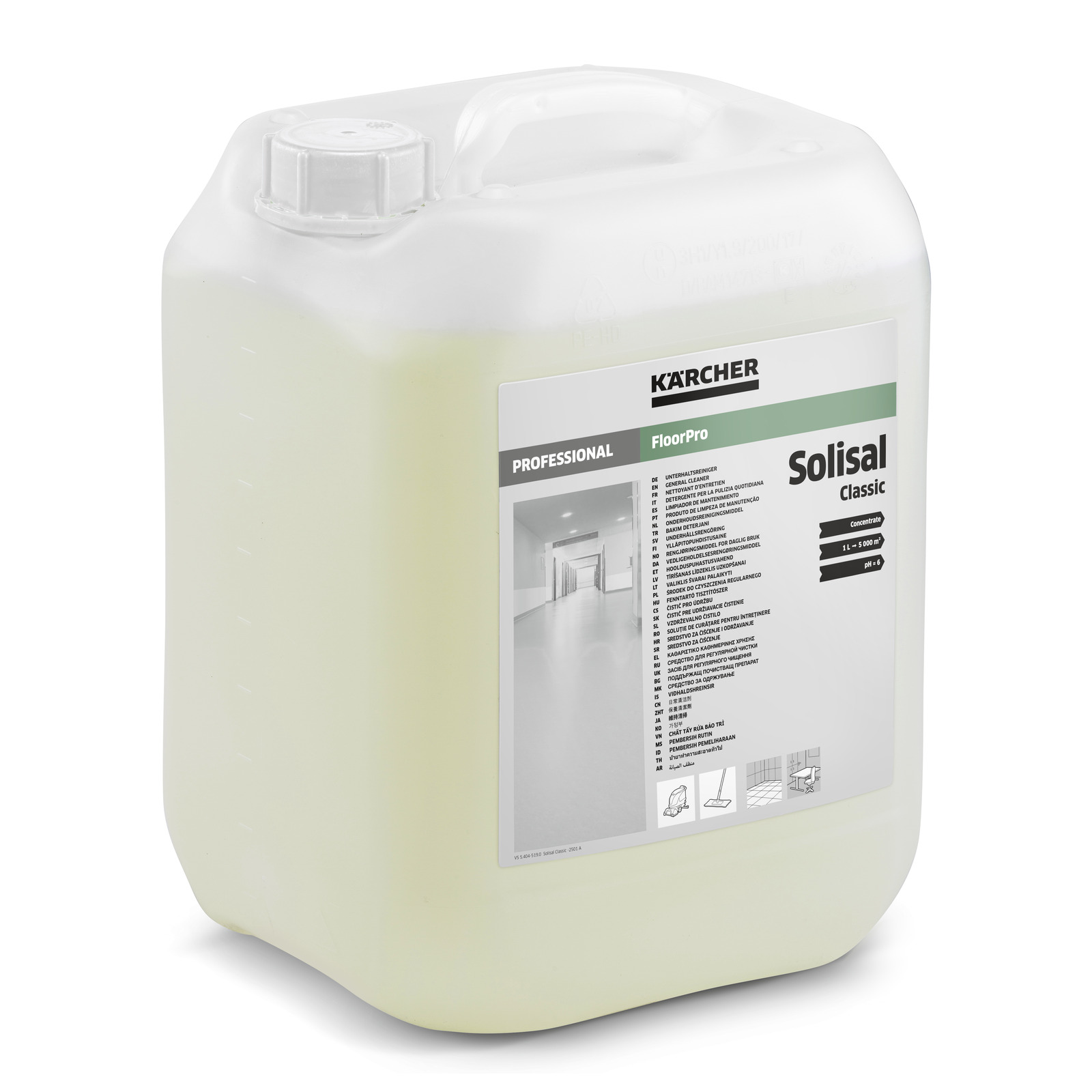Kärcher Solisal Classic floor cleaner in a white plastic container with label detailing product information. Kärcher Solisal Classic floor cleaner in a white plastic container with label detailing product information.
