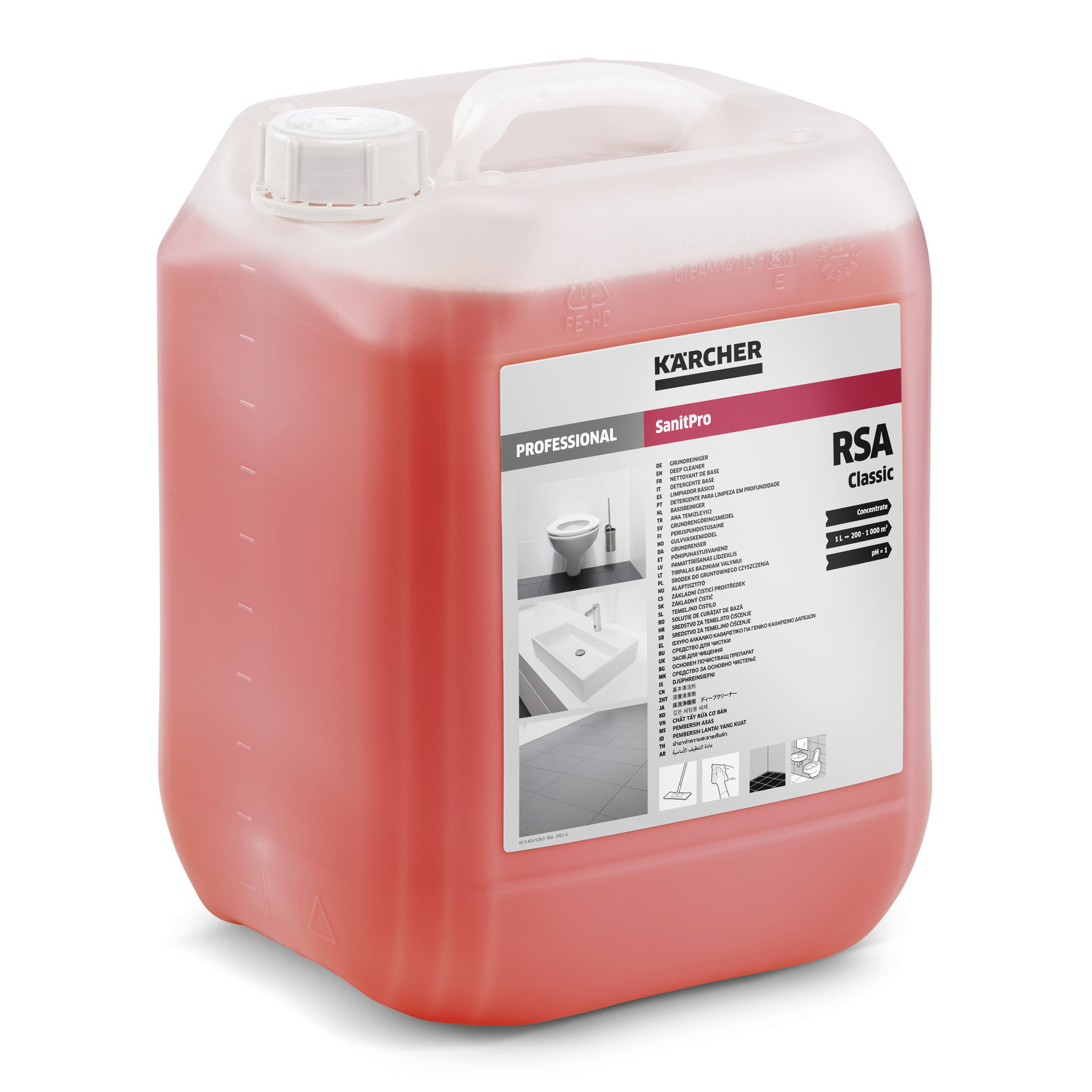 Roter Kanister mit Kärcher RSA Classic Reinigungsmittel, Etikett mit Produktinformationen und Bildern. Roter Kanister mit Kärcher RSA Classic Reinigungsmittel, Etikett mit Produktinformationen und Bildern.
