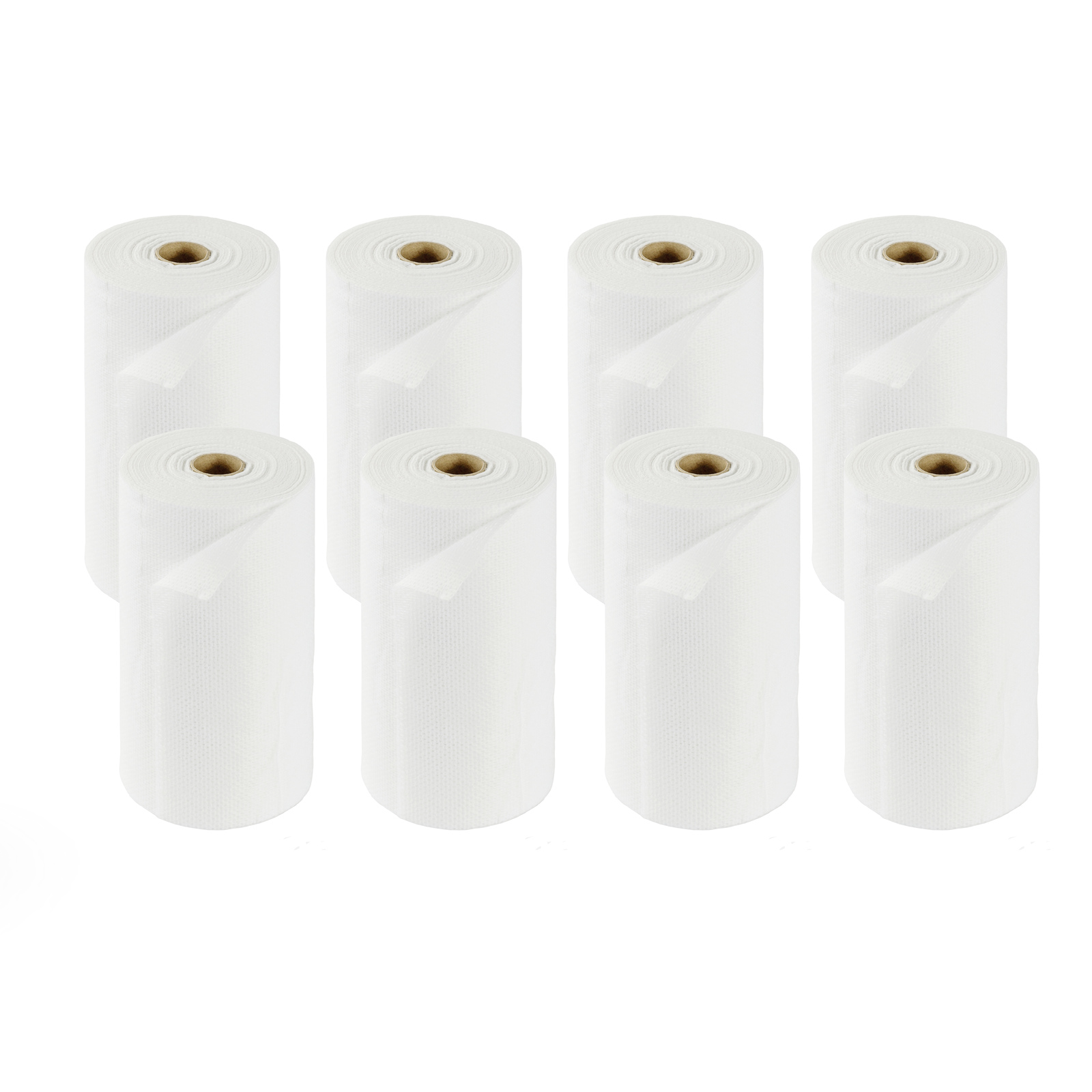 Eight white paper towel rolls arranged in two rows on a plain white background. Eight white paper towel rolls arranged in two rows on a plain white background.