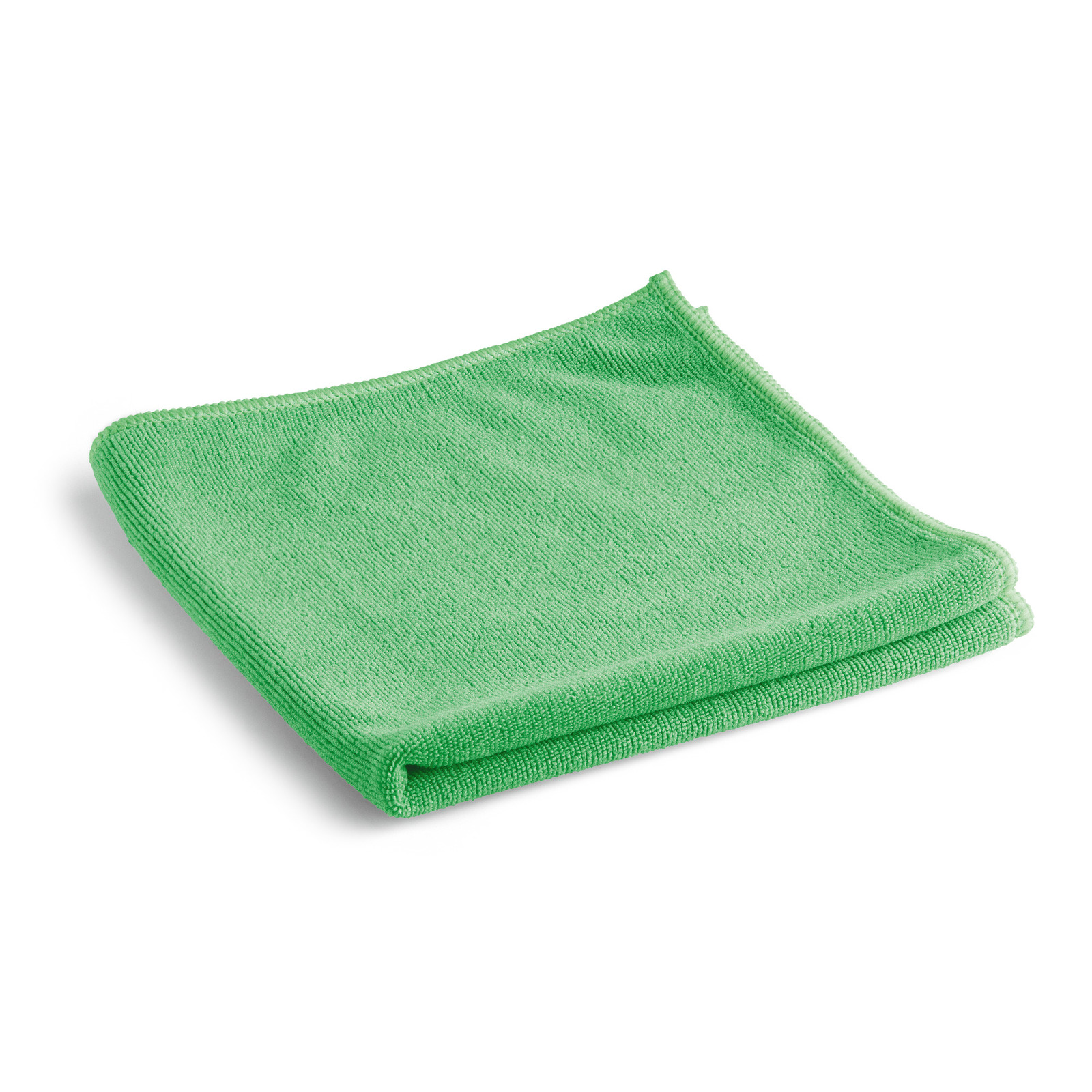 Groene microvezeldoek, netjes opgevouwen, op een witte achtergrond.