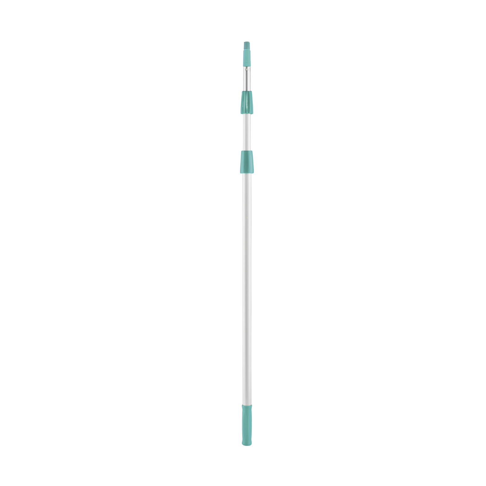 Telescopic pole with turquoise grips, extended vertically against a white background. Telescopic pole with turquoise grips, extended vertically against a white background.