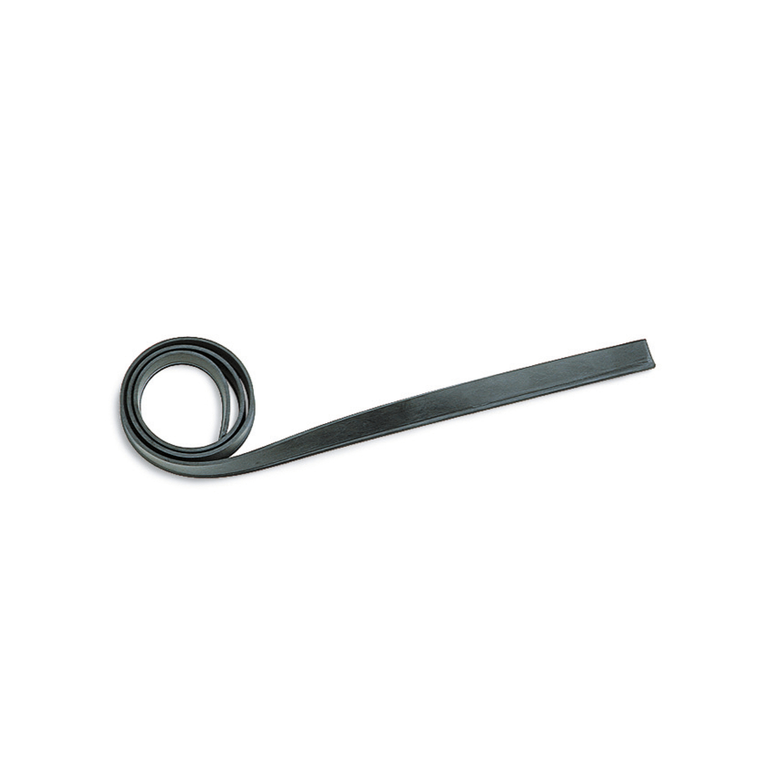 Coiled black rubber strip with one end extended, set against a plain white background. Coiled black rubber strip with one end extended, set against a plain white background.