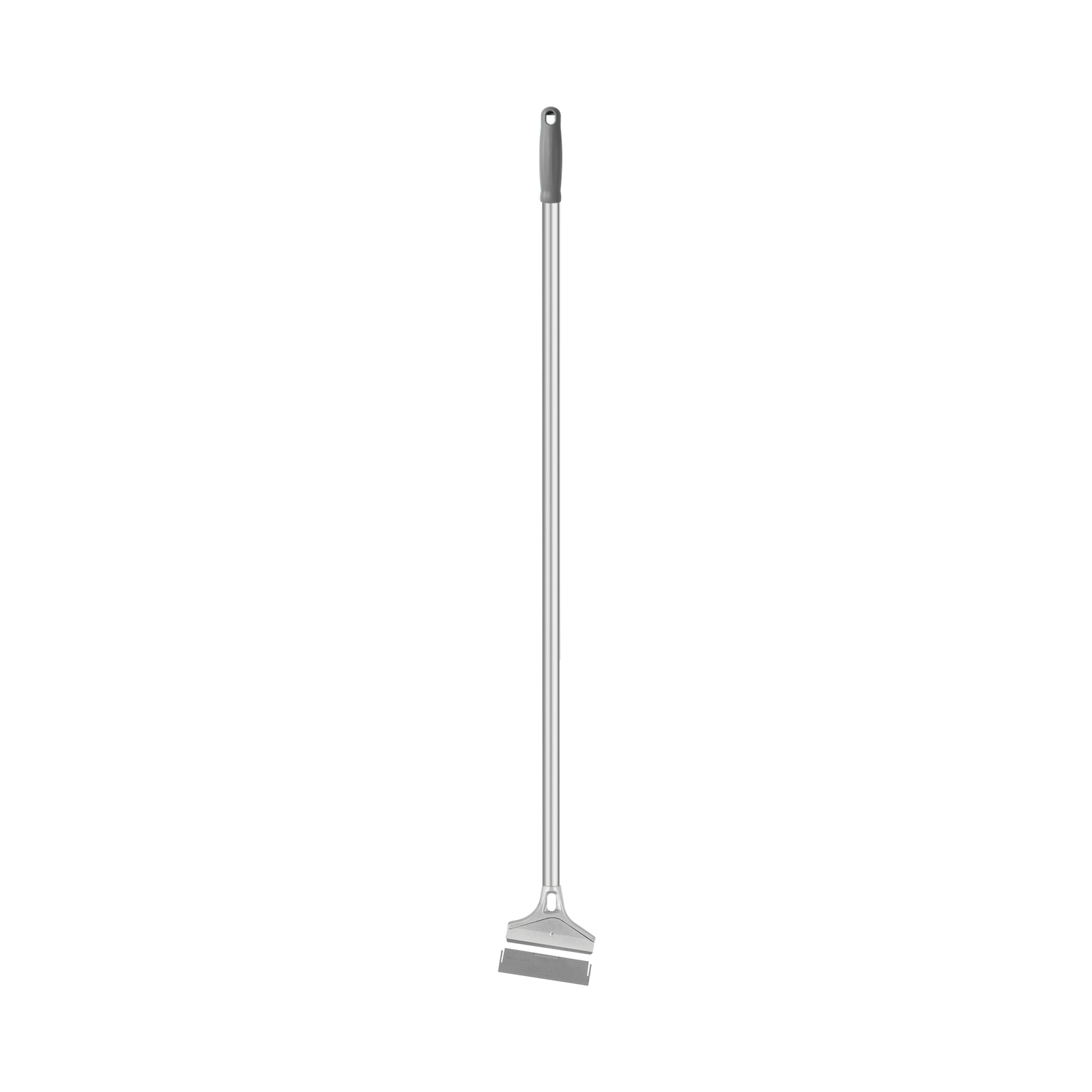 Long-handled floor scraper with a grey handle and metal blade, isolated on a white background. Long-handled floor scraper with a grey handle and metal blade, isolated on a white background.
