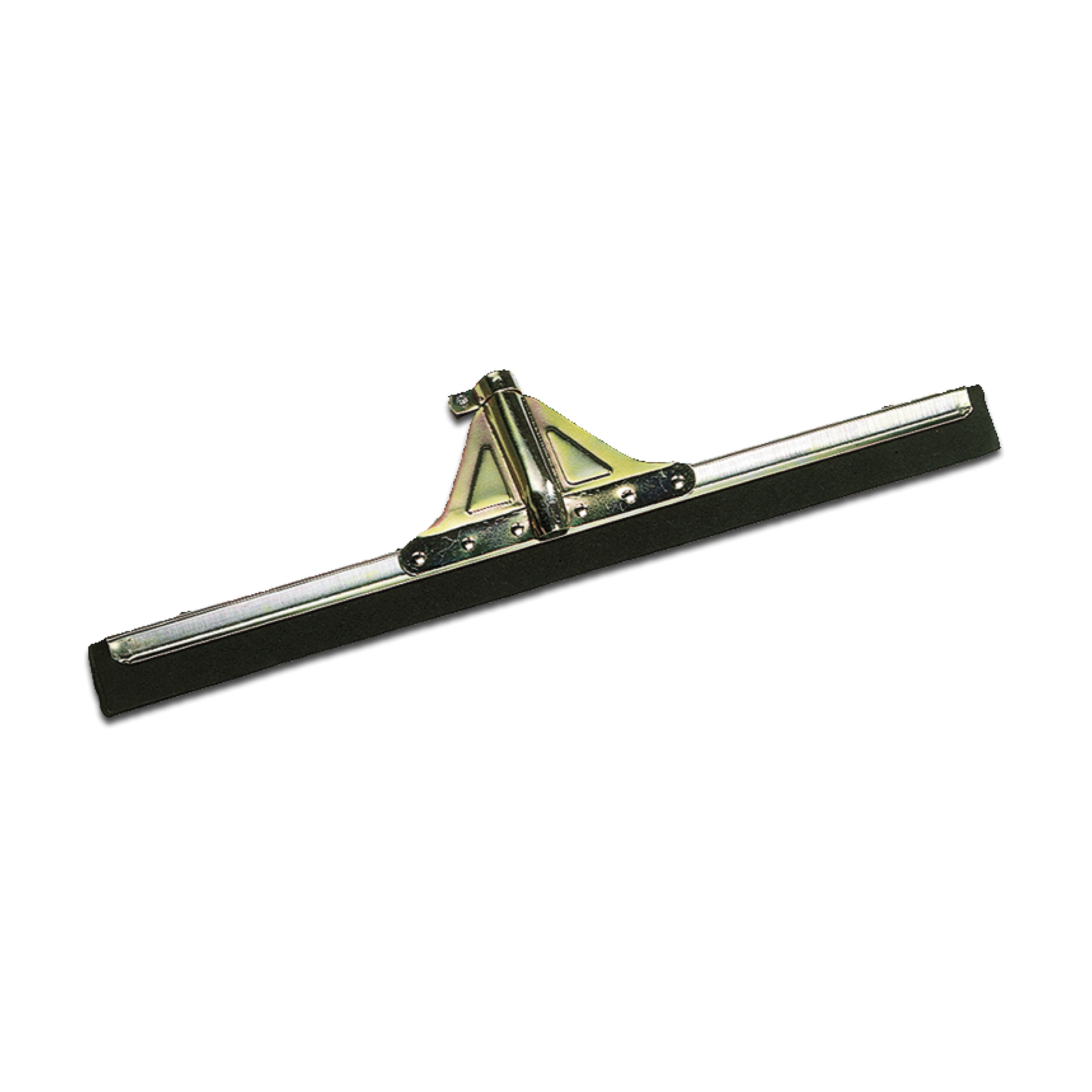 Metal floor squeegee with a black rubber blade and a sturdy handle attachment, set against a white background. Metal floor squeegee with a black rubber blade and a sturdy handle attachment, set against a white background.