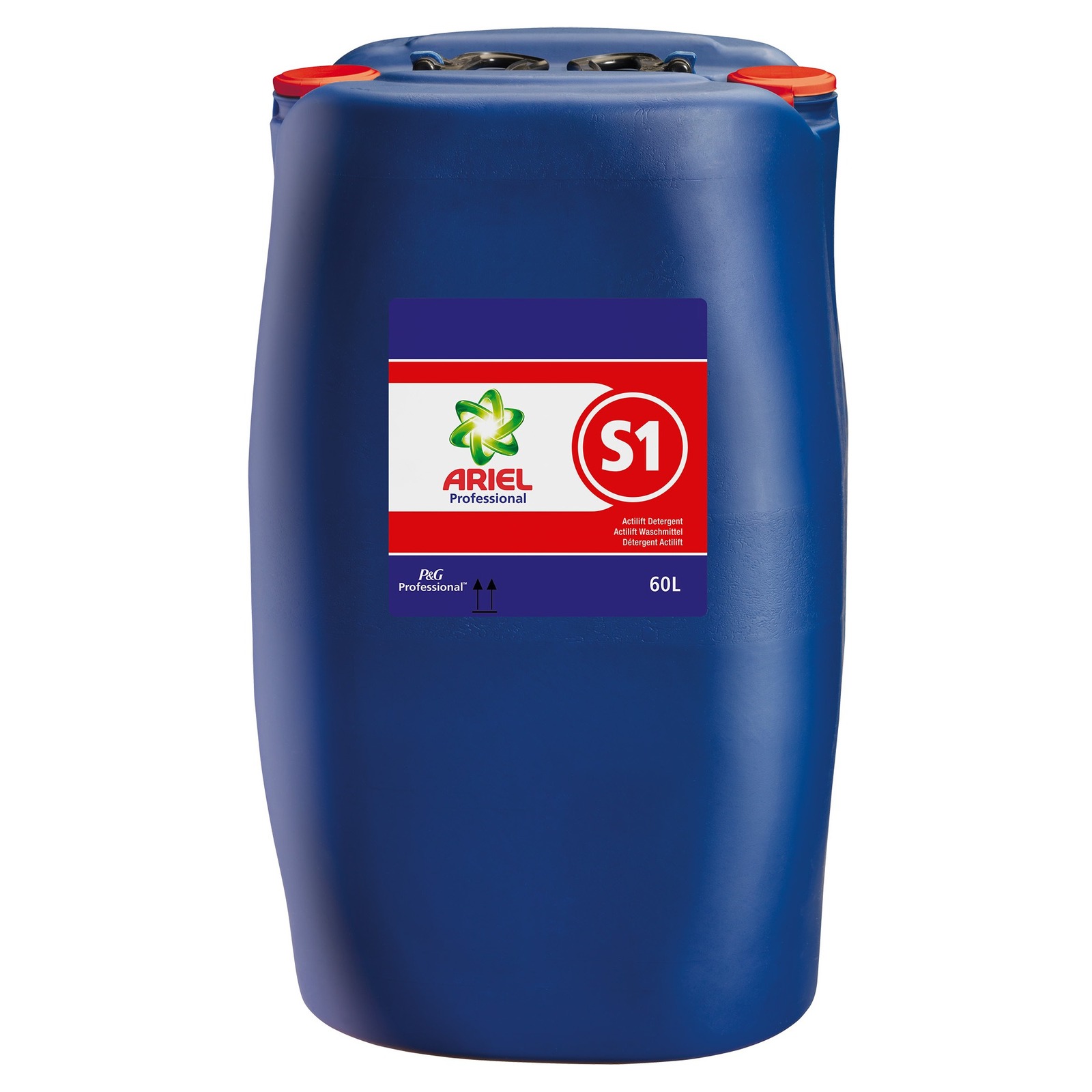 Blue 60L drum of Ariel Professional S1 detergent with red caps and label featuring green star logo. Blue 60L drum of Ariel Professional S1 detergent with red caps and label featuring green star logo.