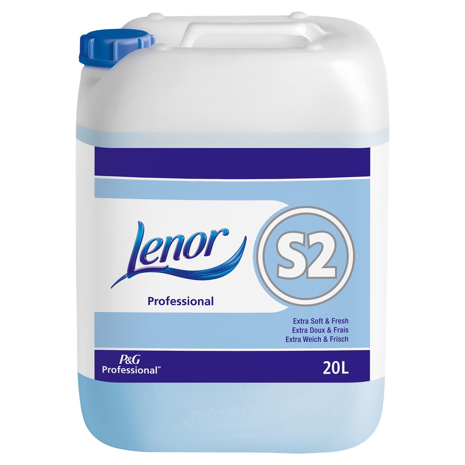 White 20L Lenor Professional container with blue cap, labelled "S2 Extra Soft & Fresh" and "P&G Professional."
