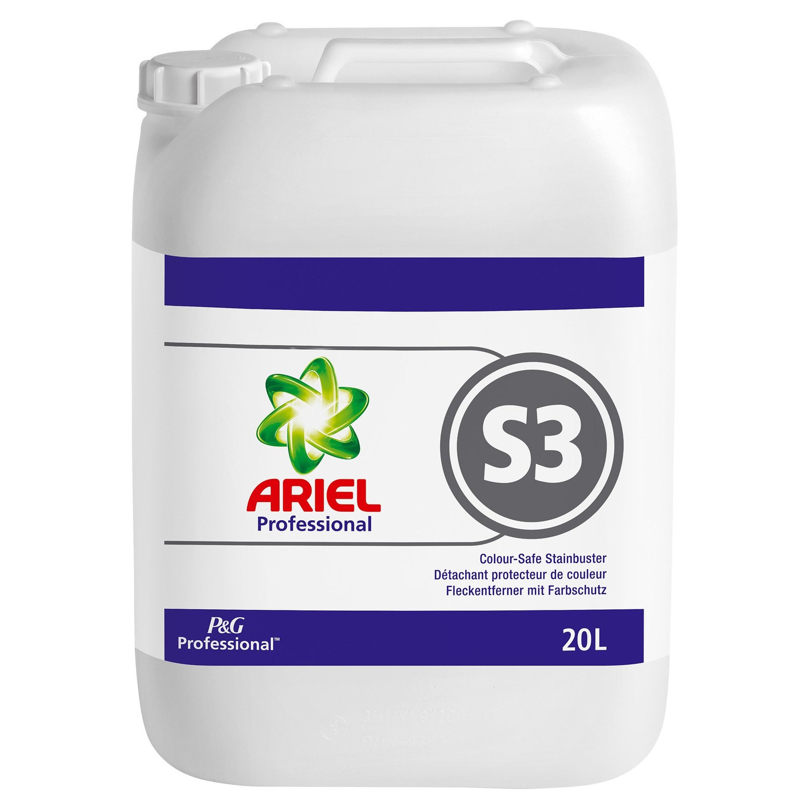 White 20L container of Ariel Professional S3 Colour-Safe Stainbuster with logo and blue label.
