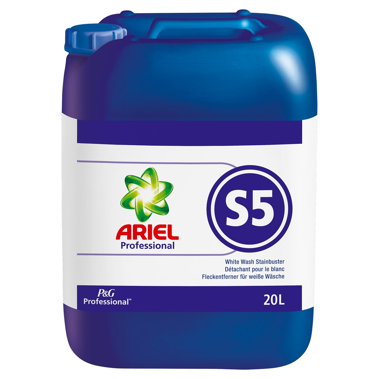 Ariel Professional S5 White Wash Stainbuster container, 20 litres, with blue lid and branding on the front. Ariel Professional S5 White Wash Stainbuster container, 20 litres, with blue lid and branding on the front.