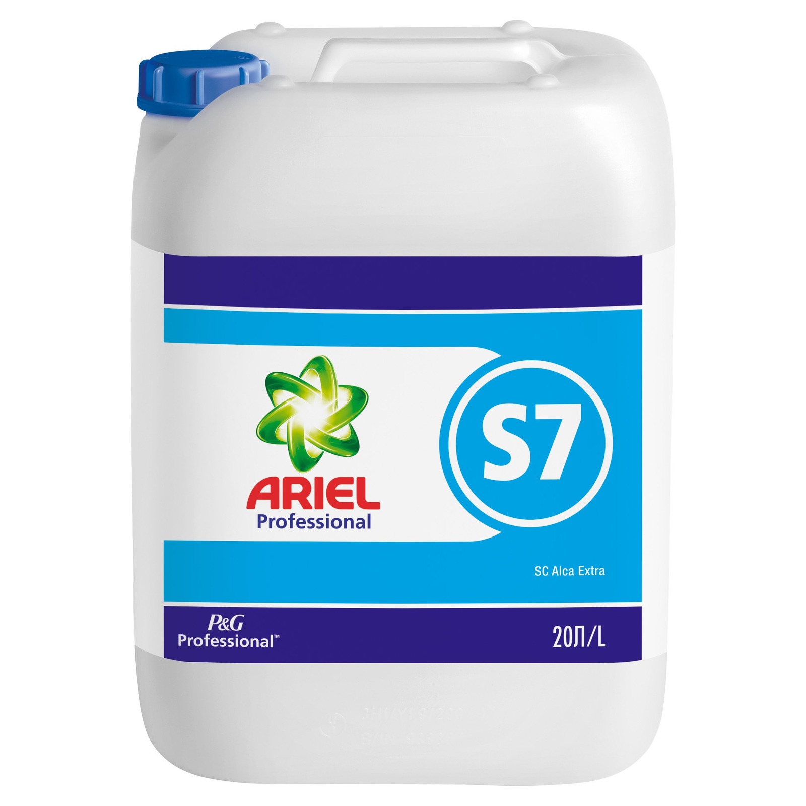 White 20-litre container of Ariel Professional S7 detergent with blue cap and label.