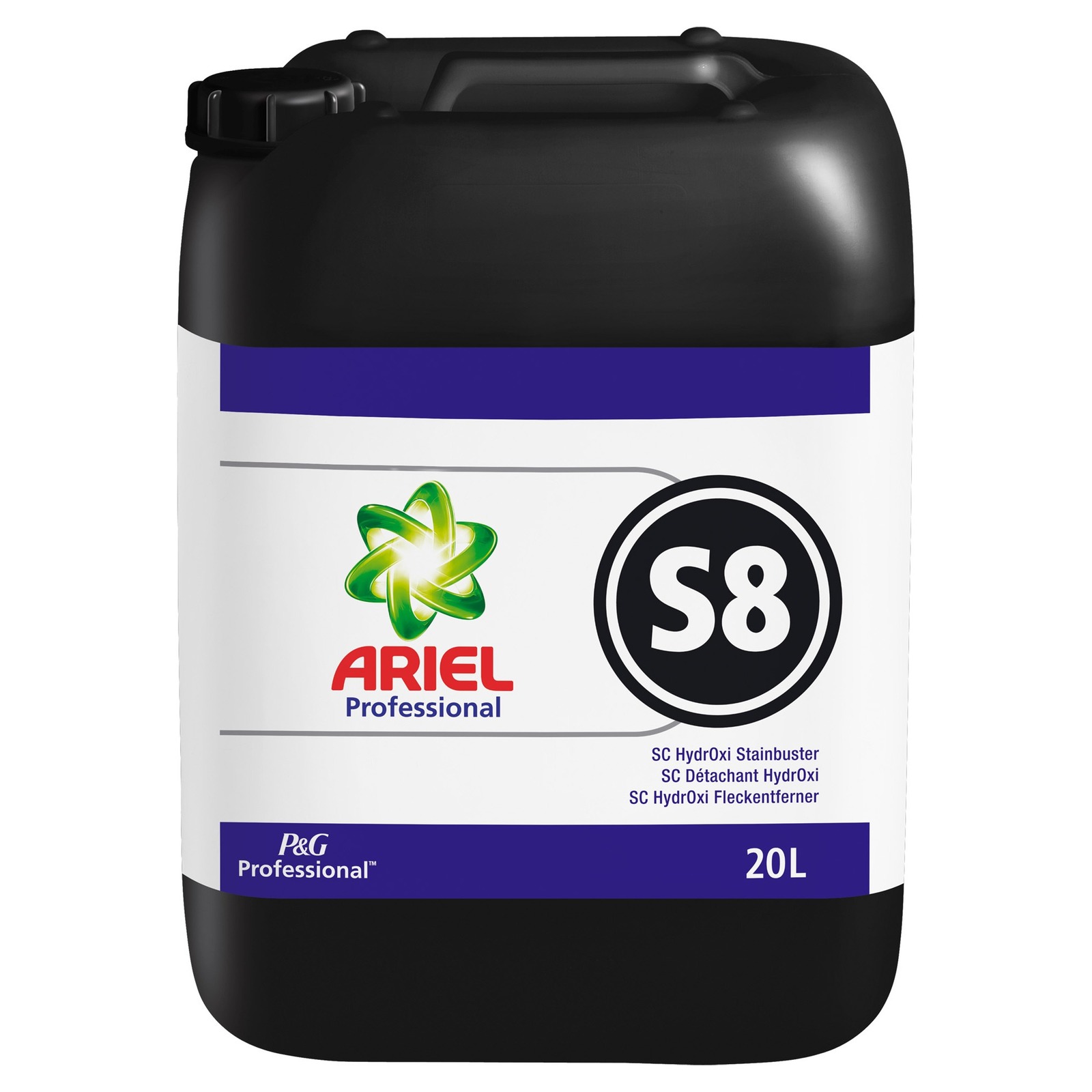 Black and white 20L container of Ariel Professional S8 SC Hydroxi Stainbuster with logo and product details on label. Black and white 20L container of Ariel Professional S8 SC Hydroxi Stainbuster with logo and product details on label.