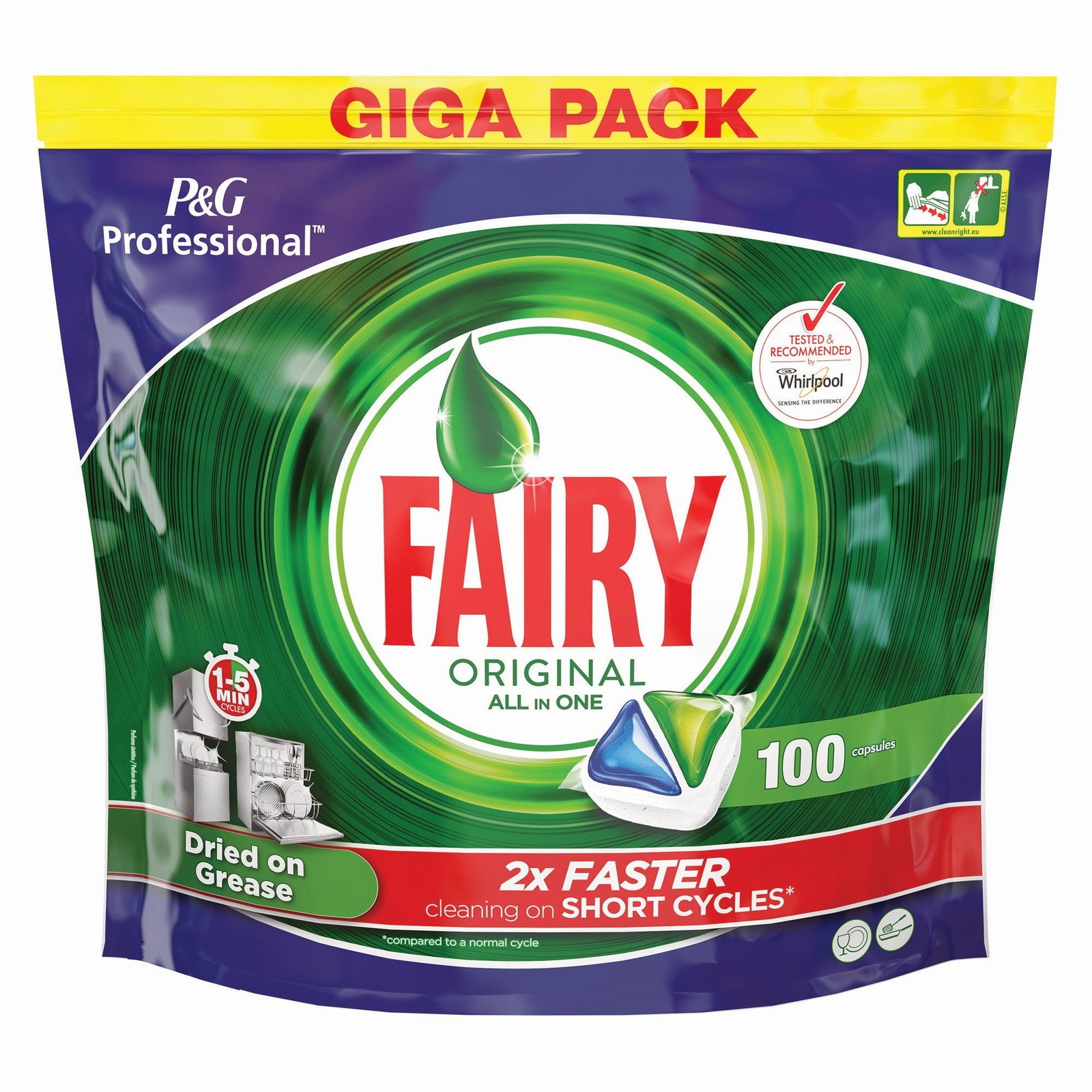 Fairy Original All-in-One dishwasher capsules, 100 count, in a green and red Giga Pack with cleaning claims and branding logos. Fairy Original All-in-One dishwasher capsules, 100 count, in a green and red Giga Pack with cleaning claims and branding logos.