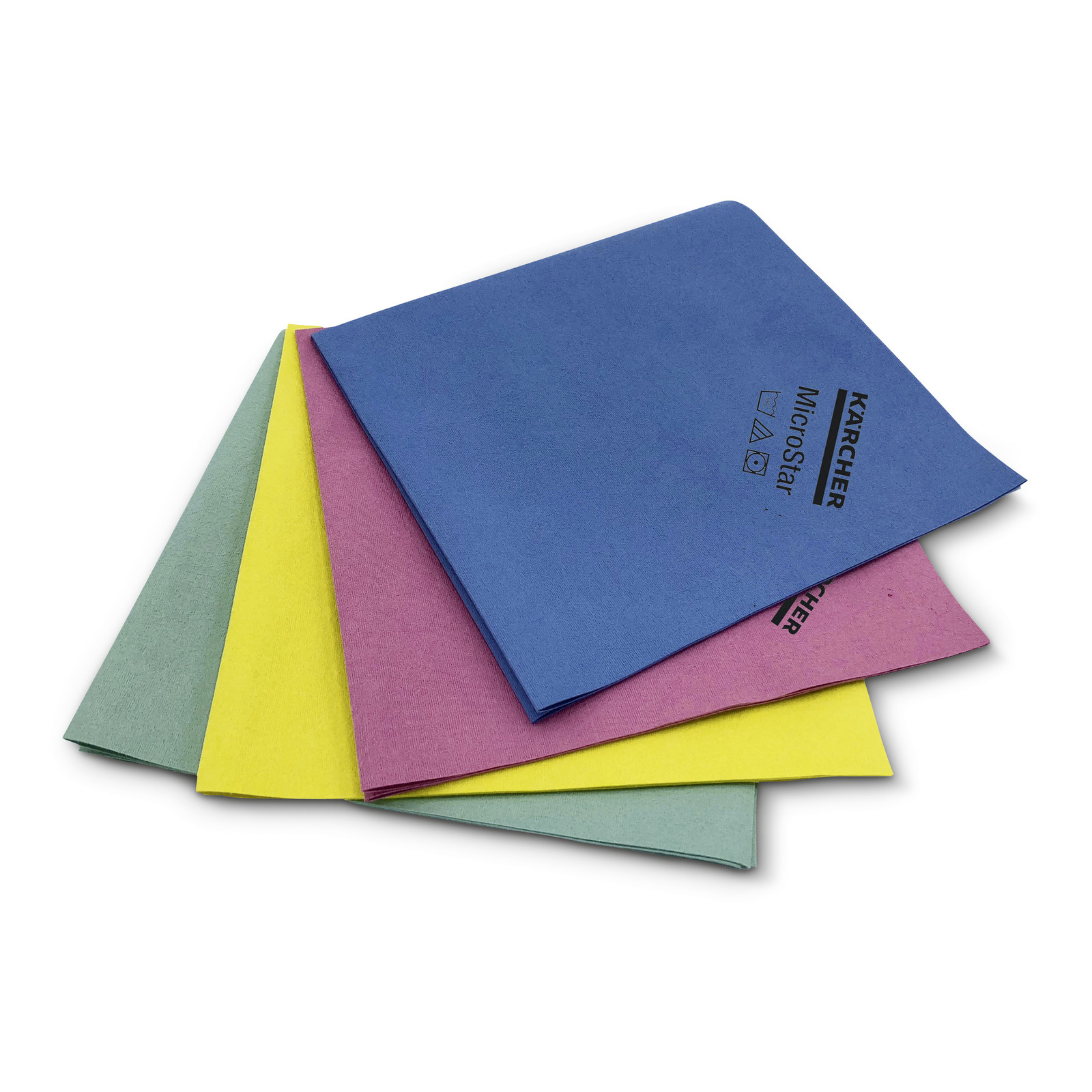 Four Kärcher MicroStar cloths in blue, pink, yellow, and green, stacked diagonally on a white background.