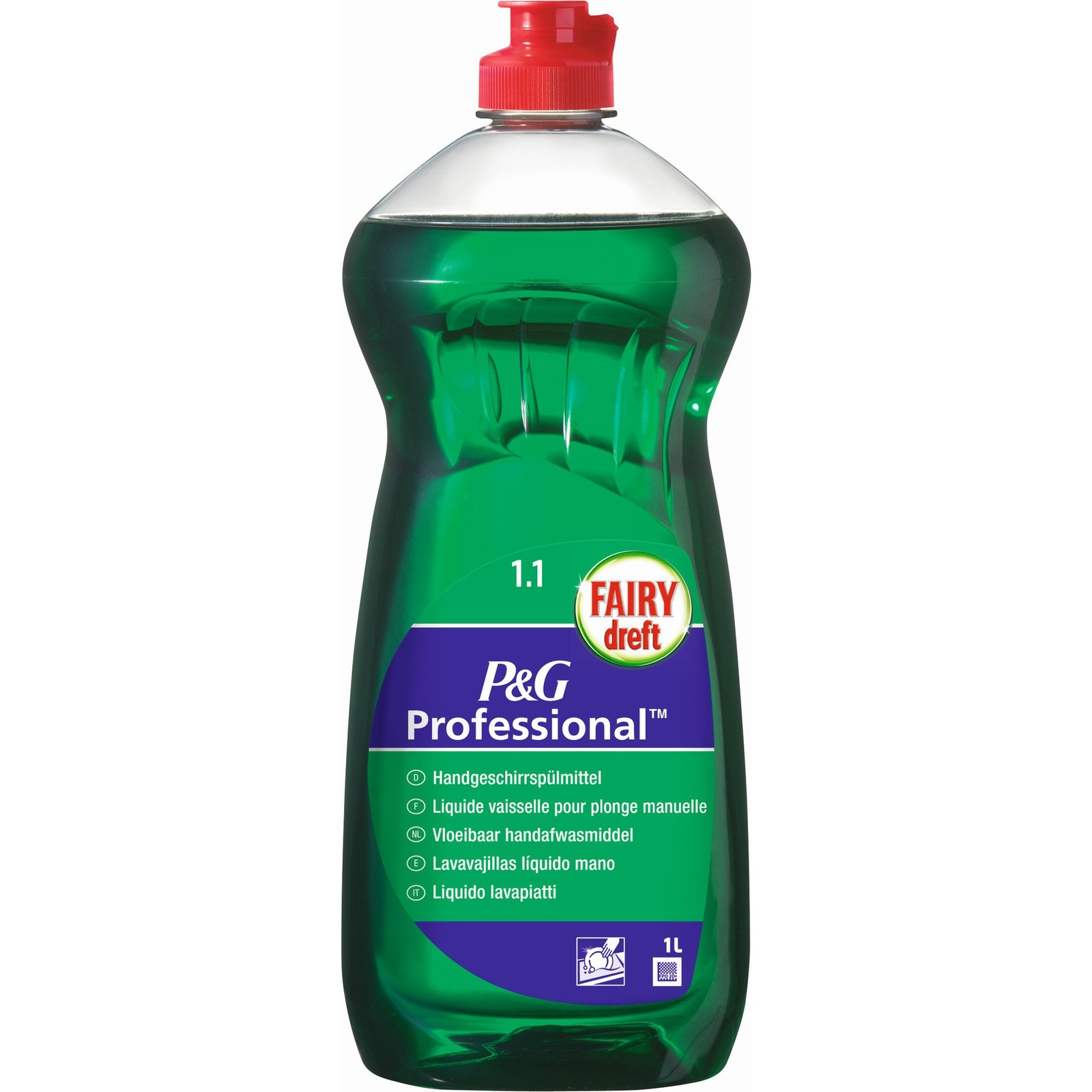 Green bottle of Fairy Dreft P&G Professional dishwashing liquid with red cap, labelled in multiple languages, 1 litre size. Green bottle of Fairy Dreft P&G Professional dishwashing liquid with red cap, labelled in multiple languages, 1 litre size.