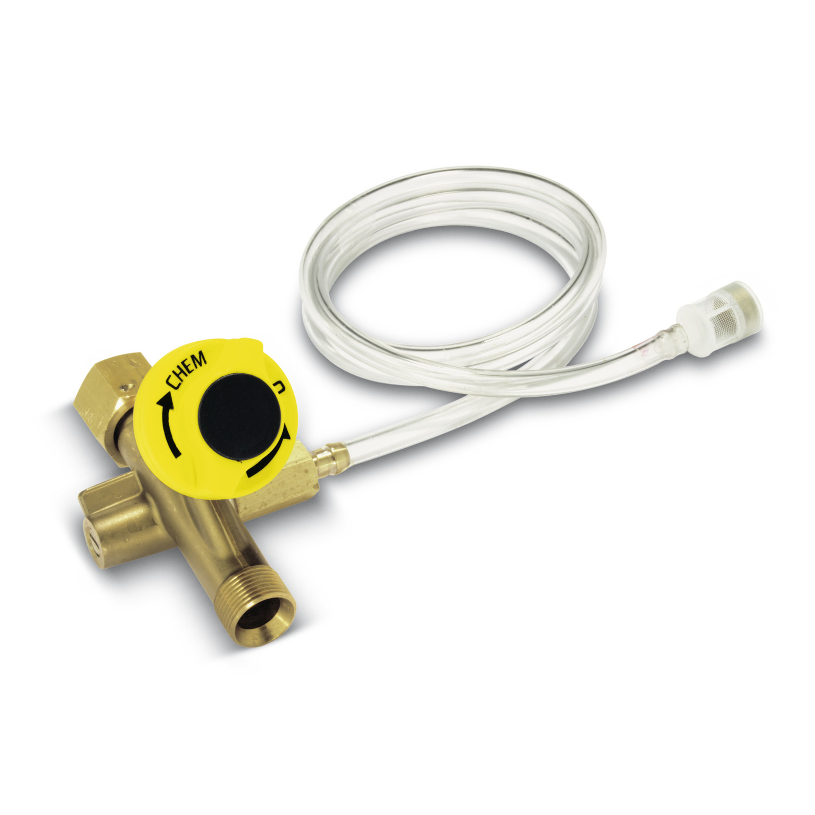 Brass valve with yellow dial marked "CHEM," attached to a clear plastic hose with a filter end.