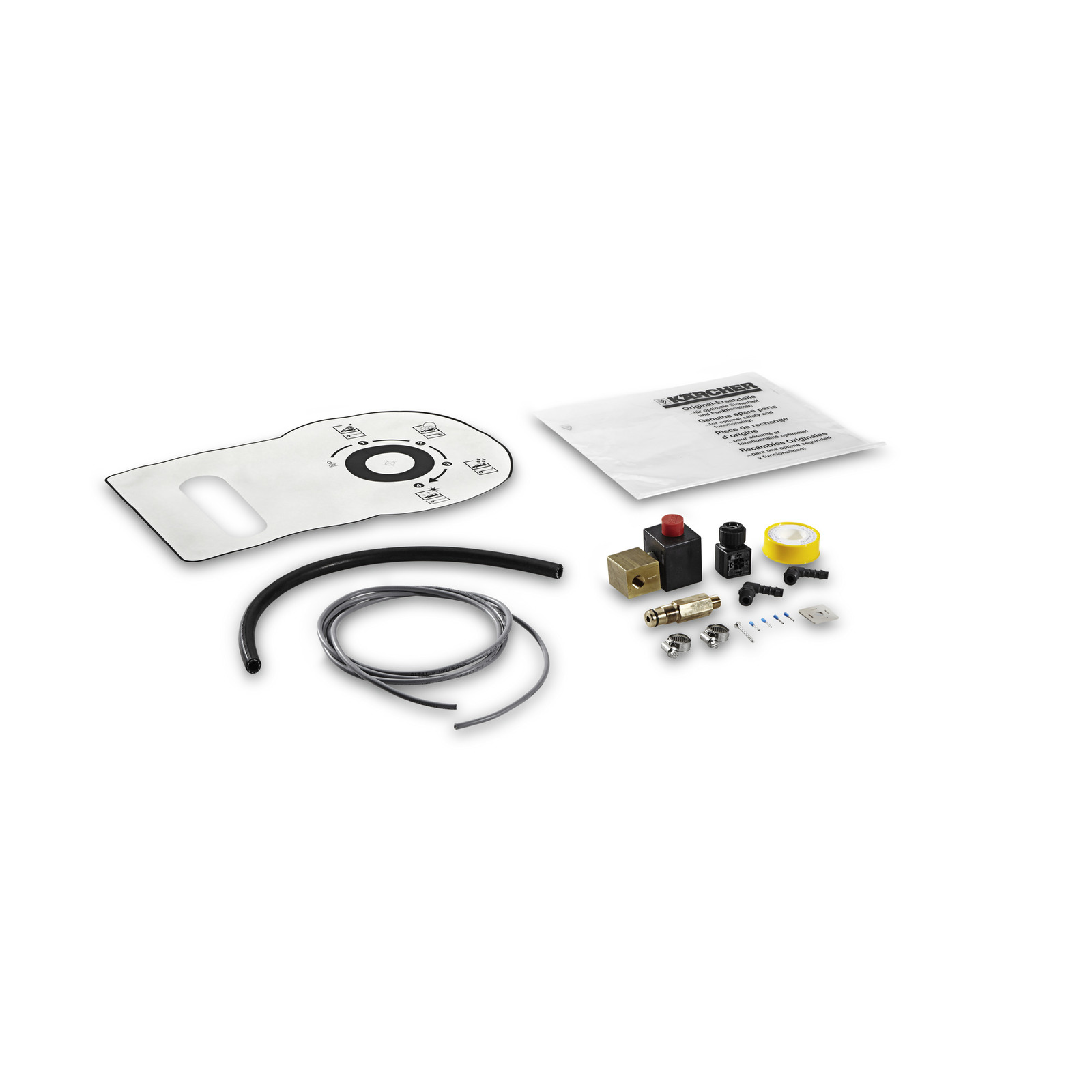 Kärcher accessory kit with hoses, fittings, tape, screws, and a manual on a white background.