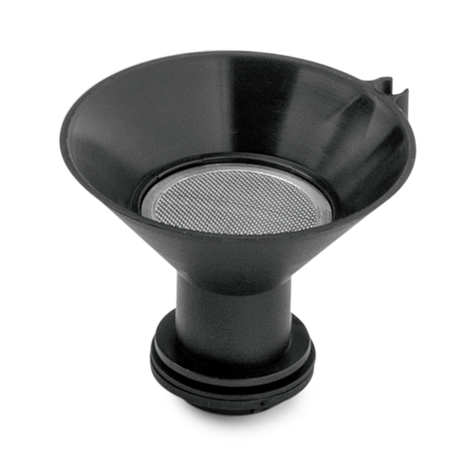 Black Kärcher funnel with a mesh filter at the base, designed for fluid transfer. Black Kärcher funnel with a mesh filter at the base, designed for fluid transfer.