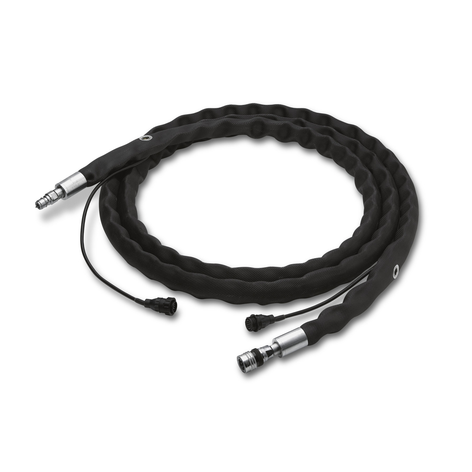 Black Kärcher high-pressure cleaner hose with metal connectors, coiled on a white background. Black Kärcher high-pressure cleaner hose with metal connectors, coiled on a white background.