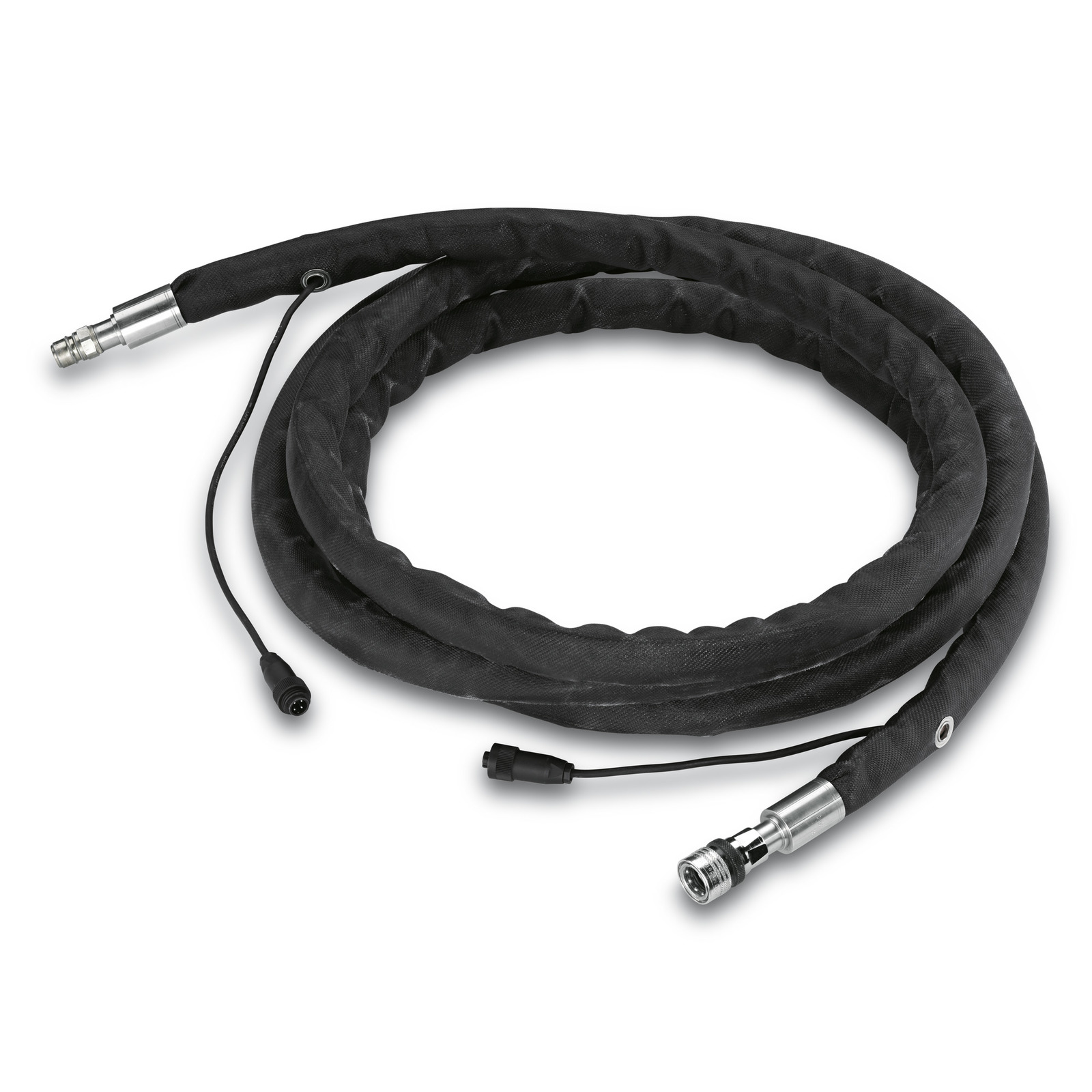 Coiled black Kärcher high-pressure hose with metal connectors and attached cable on a white background. Coiled black Kärcher high-pressure hose with metal connectors and attached cable on a white background.