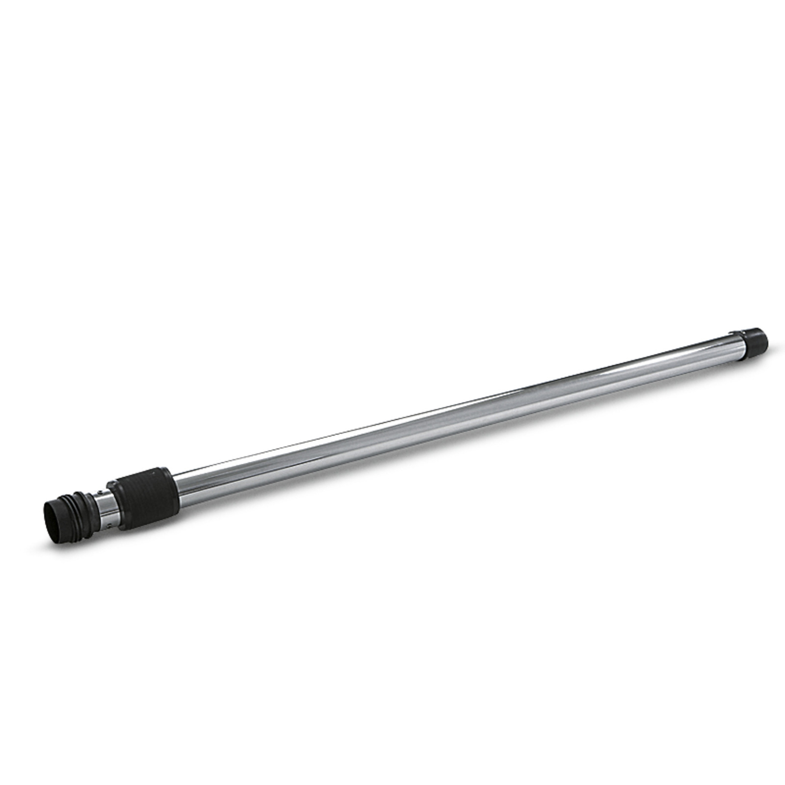 Silver Kärcher extension tube with black connectors on both ends, set against a plain white background. Silver Kärcher extension tube with black connectors on both ends, set against a plain white background.