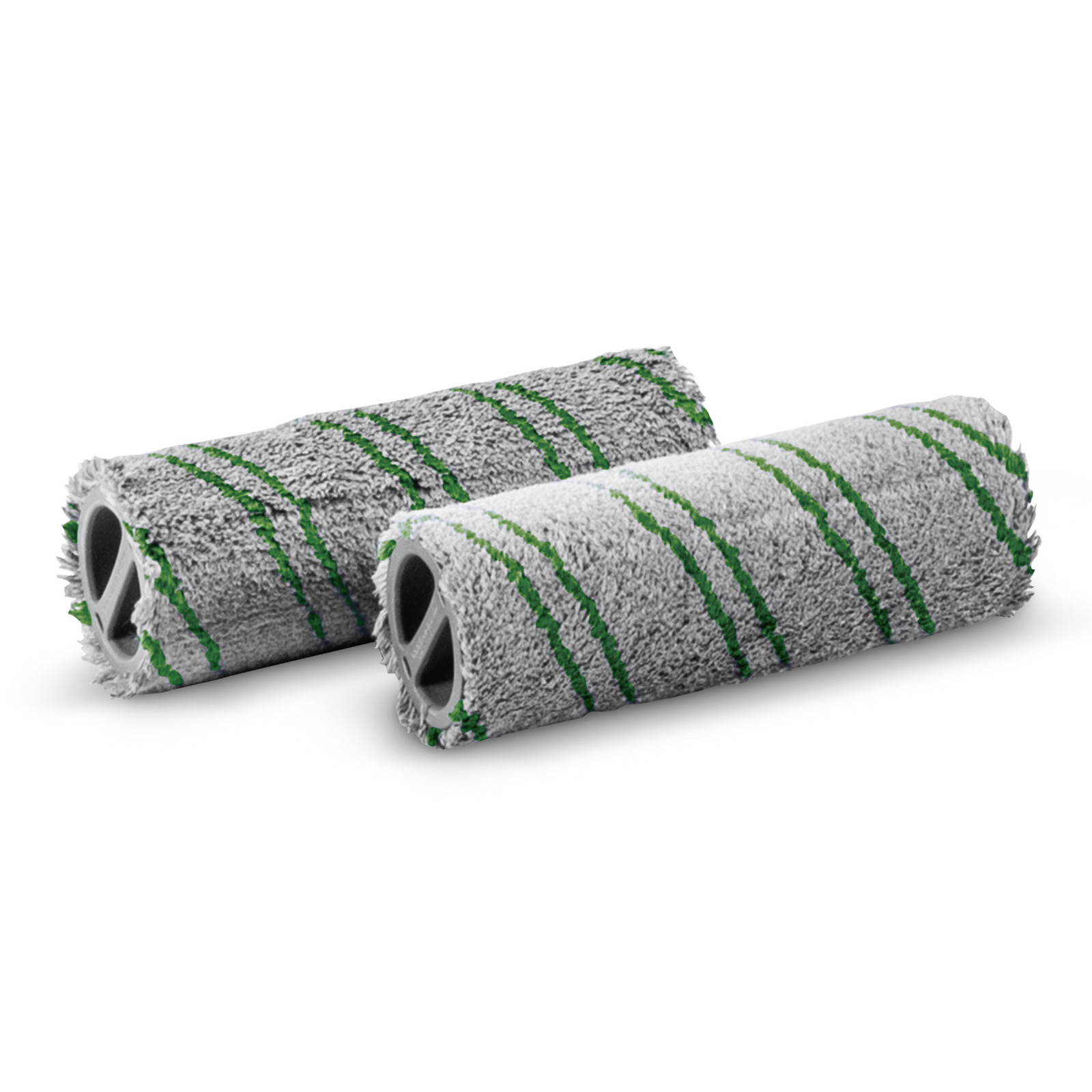 Two grey Kärcher roller brushes with green stripes, positioned side by side on a white background. Two grey Kärcher roller brushes with green stripes, positioned side by side on a white background.