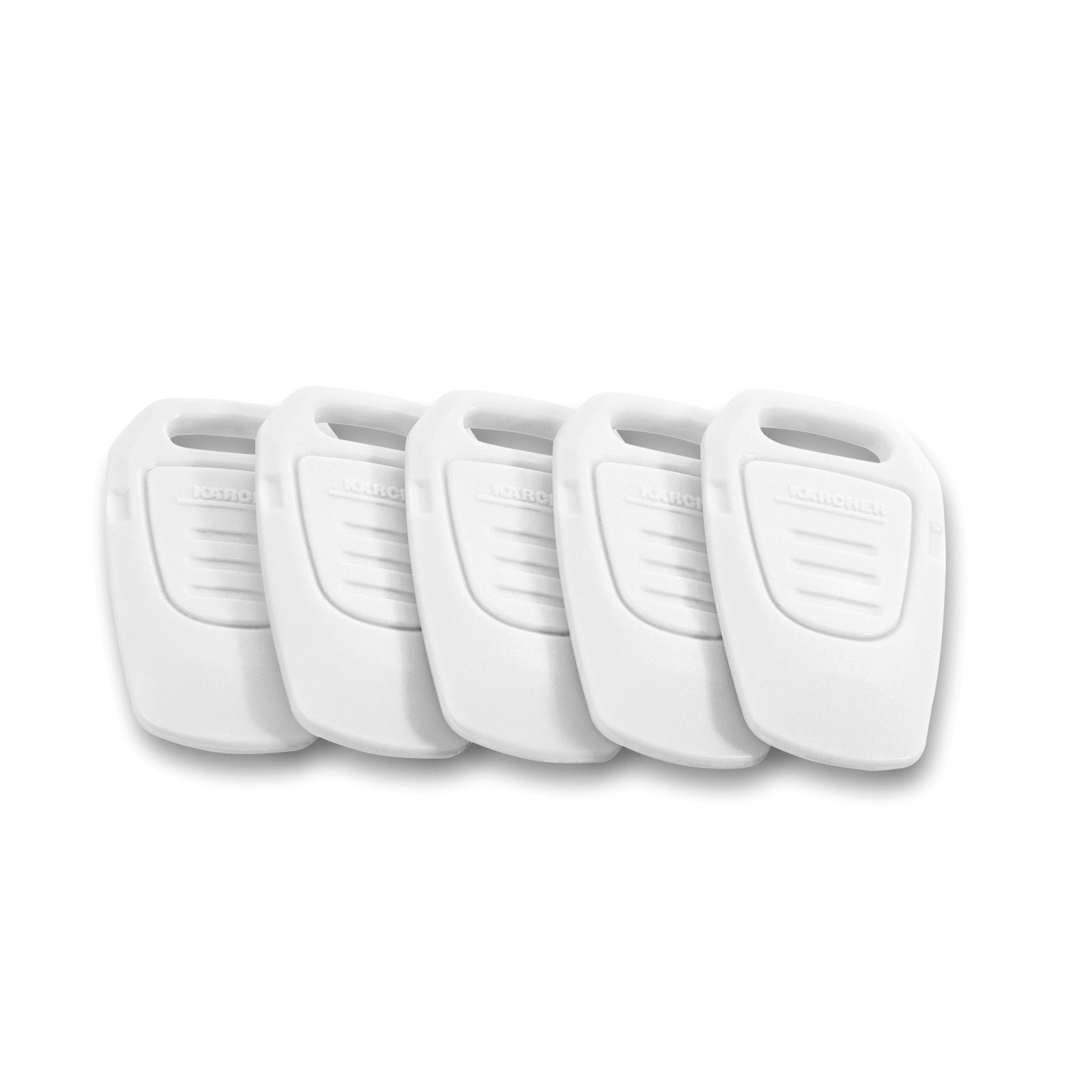 Five white Kärcher detergent cartridges aligned in a row, each with a handle and embossed logo. Five white Kärcher detergent cartridges aligned in a row, each with a handle and embossed logo.