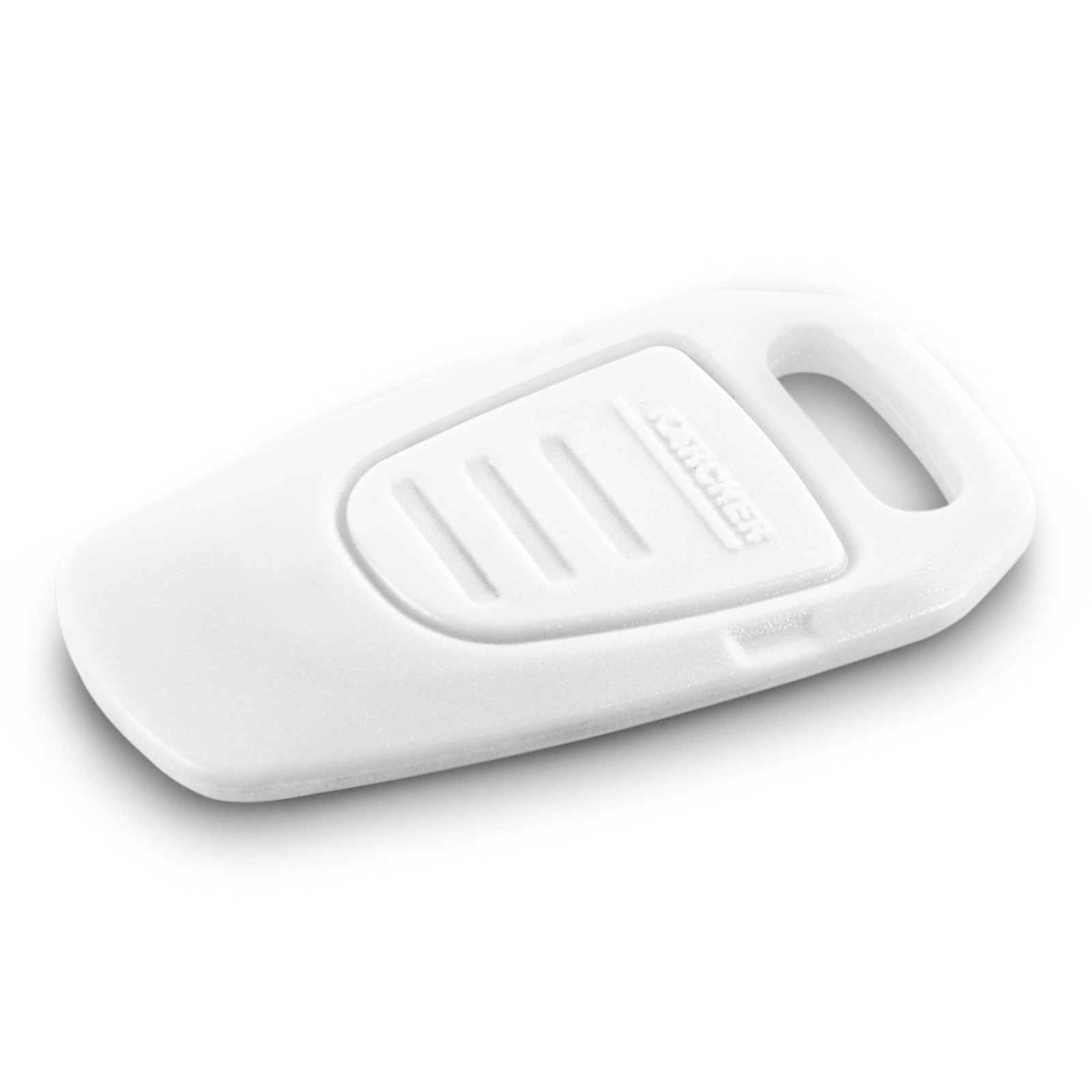 White Kärcher detergent dosing cap with embossed logo and grip lines, angled view. White Kärcher detergent dosing cap with embossed logo and grip lines, angled view.