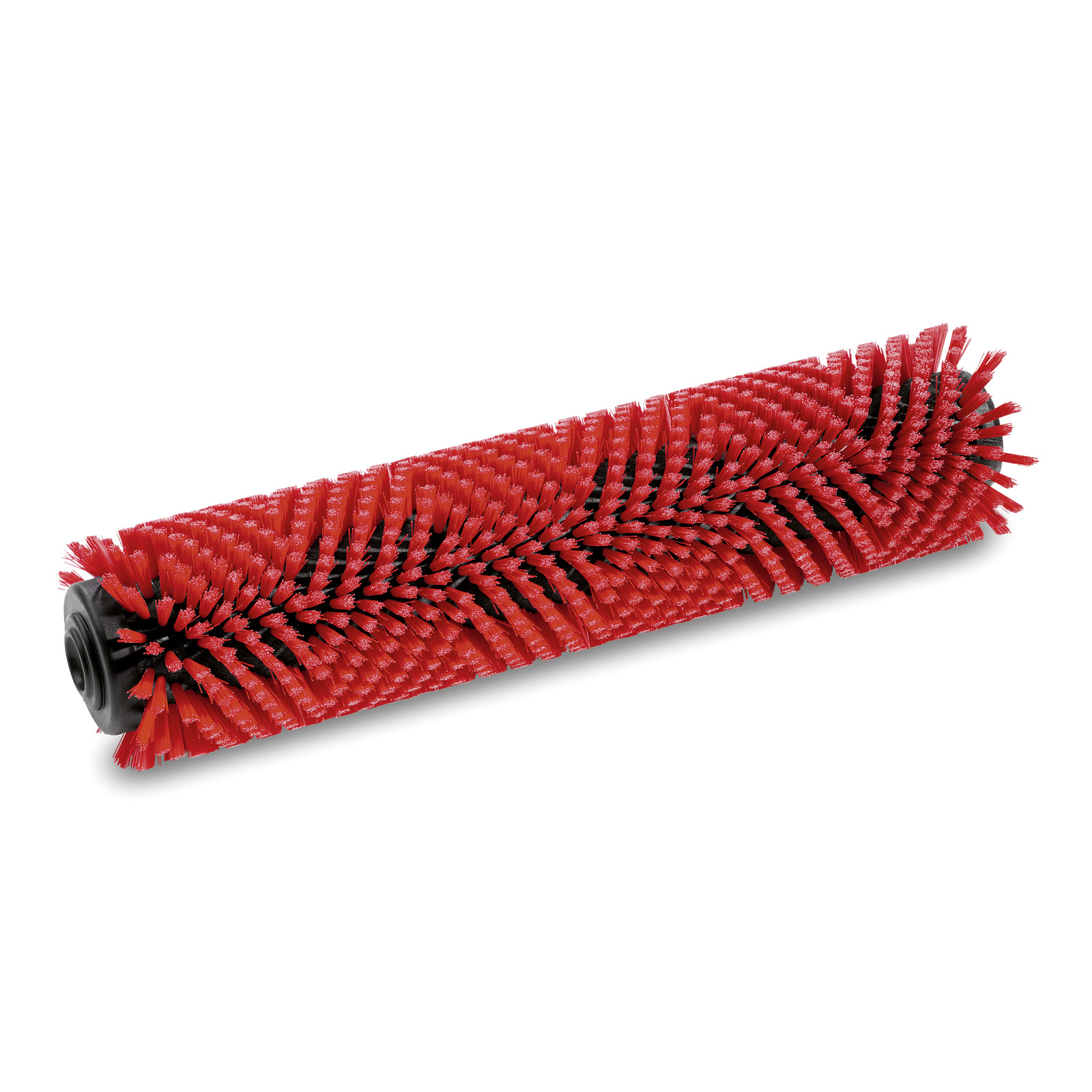 Red cylindrical brush with dense bristles, featuring a black core and black bristle accents, isolated on a white background.