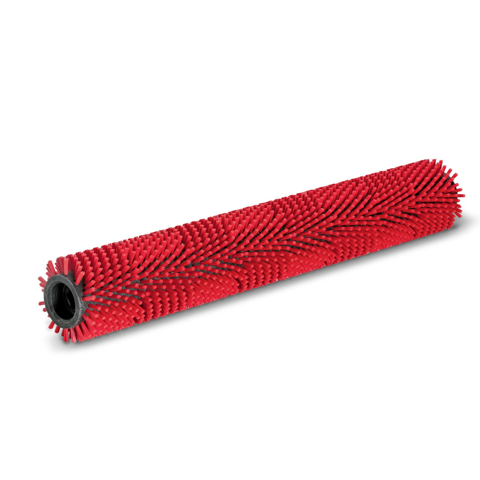 Red cylindrical brush roller with dense bristles, featuring a black central core, isolated on a white background.