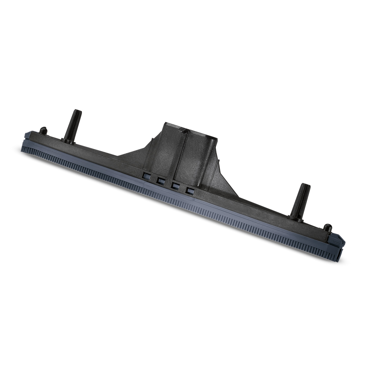 Black Kärcher floor squeegee attachment with blue rubber blade, angled view on white background.