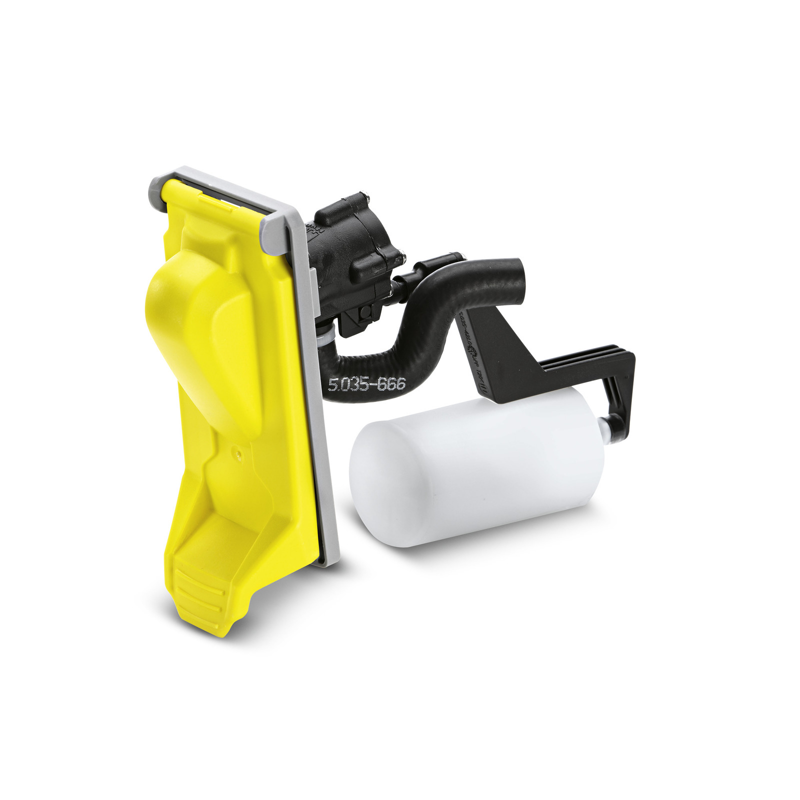 Kärcher yellow detergent injector with black hose and white bottle attachment.